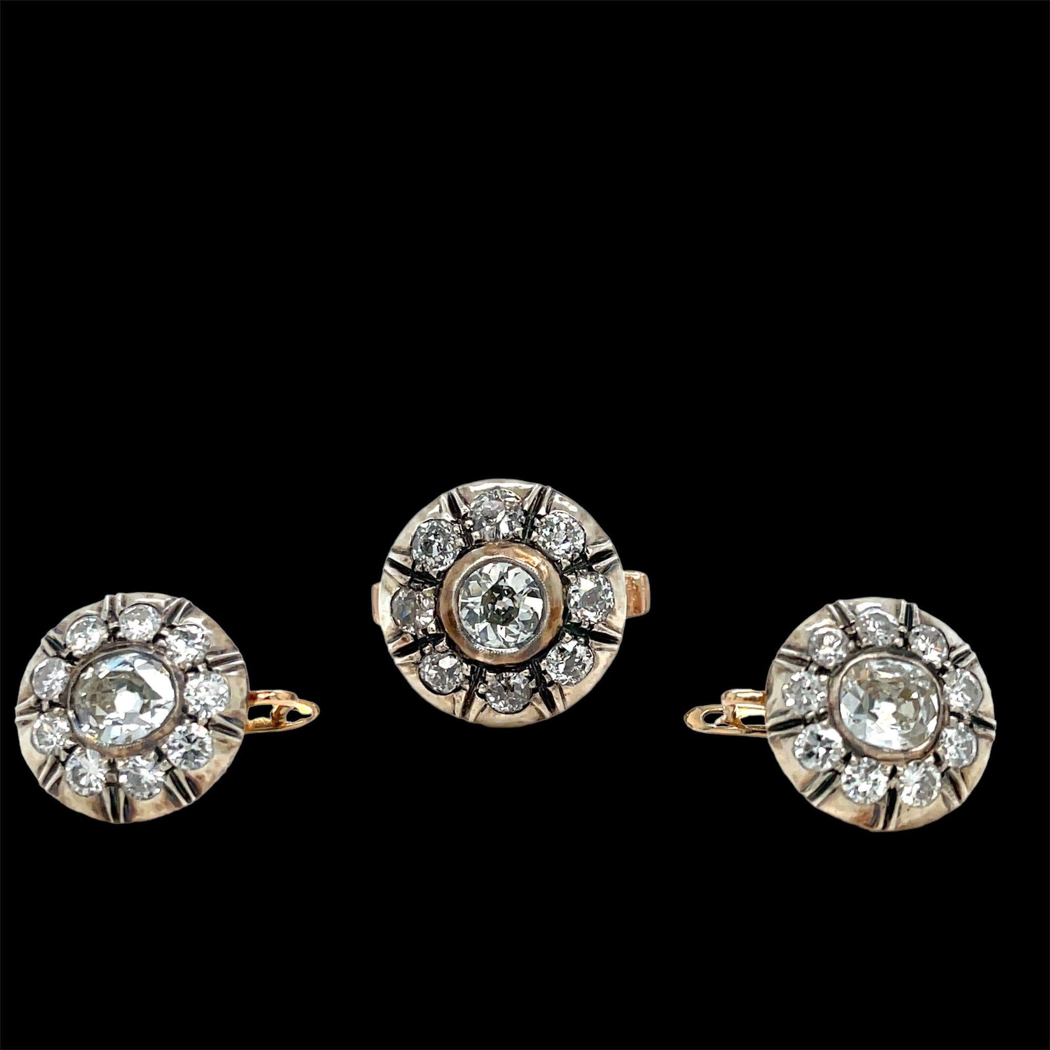 A gorgeous Victorian perfectly preserved suite, composed of clip-on earrings and ring, set with Old Mine cut diamonds, mounted in 18k rose Gold and silver. On the ring we estimated approximately 2 ct of diamonds (the central gem is approximately