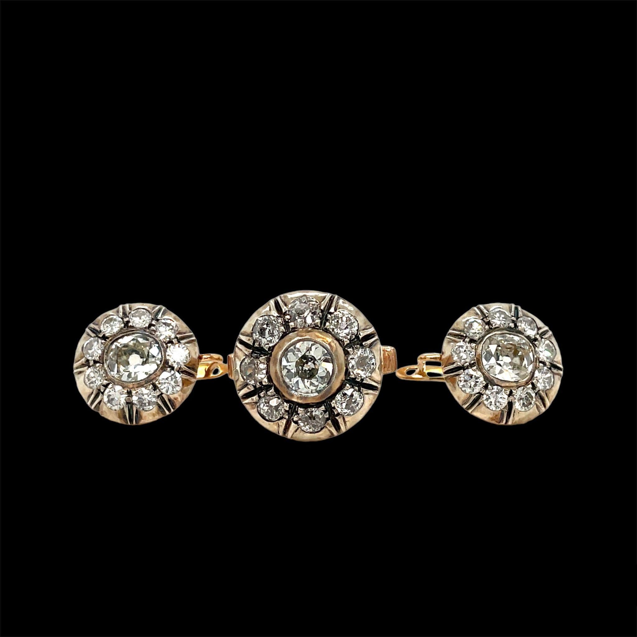 Old Mine Cut Victorian Diamond Gold and Silver Ring and Earrings Set For Sale