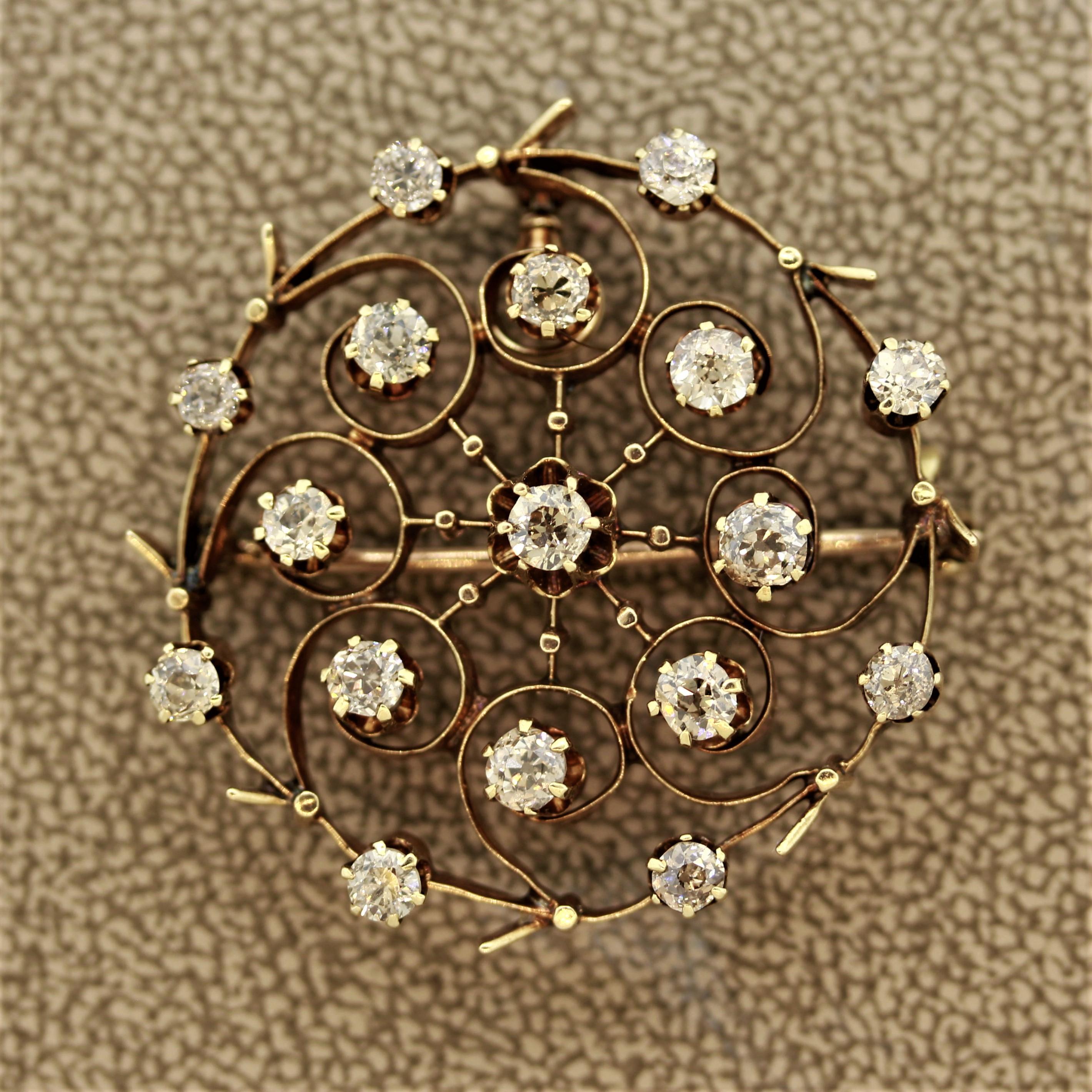 A sweet lightweight Victorian piece from the 1880’s. It features 17 round European cut diamonds weighing a total of 2.25 carats. Made in 14k gold and can be worn as a pendant or brooch.

Length: 1.25 inches