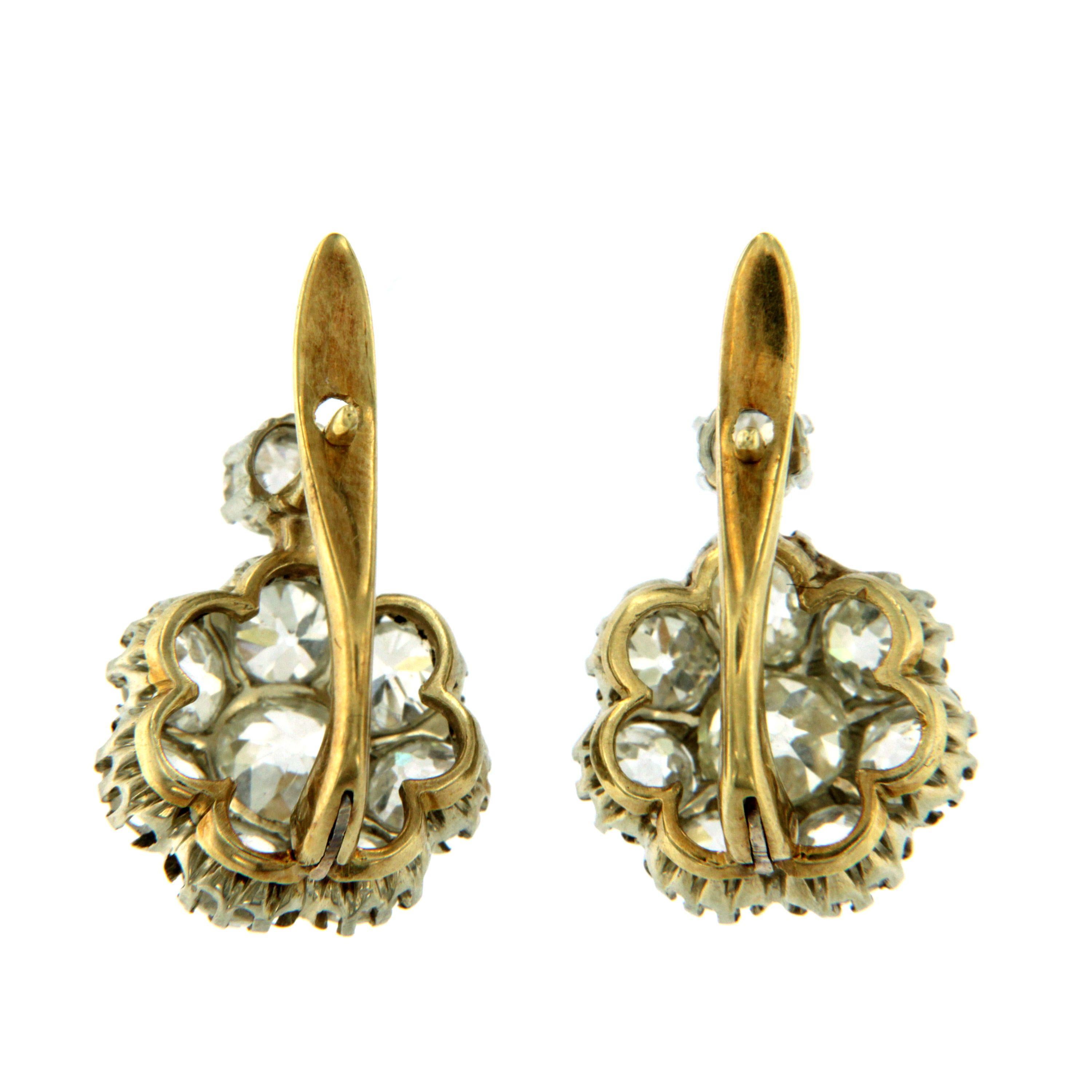 Old Mine Cut Victorian Diamond Gold Cluster Earrings