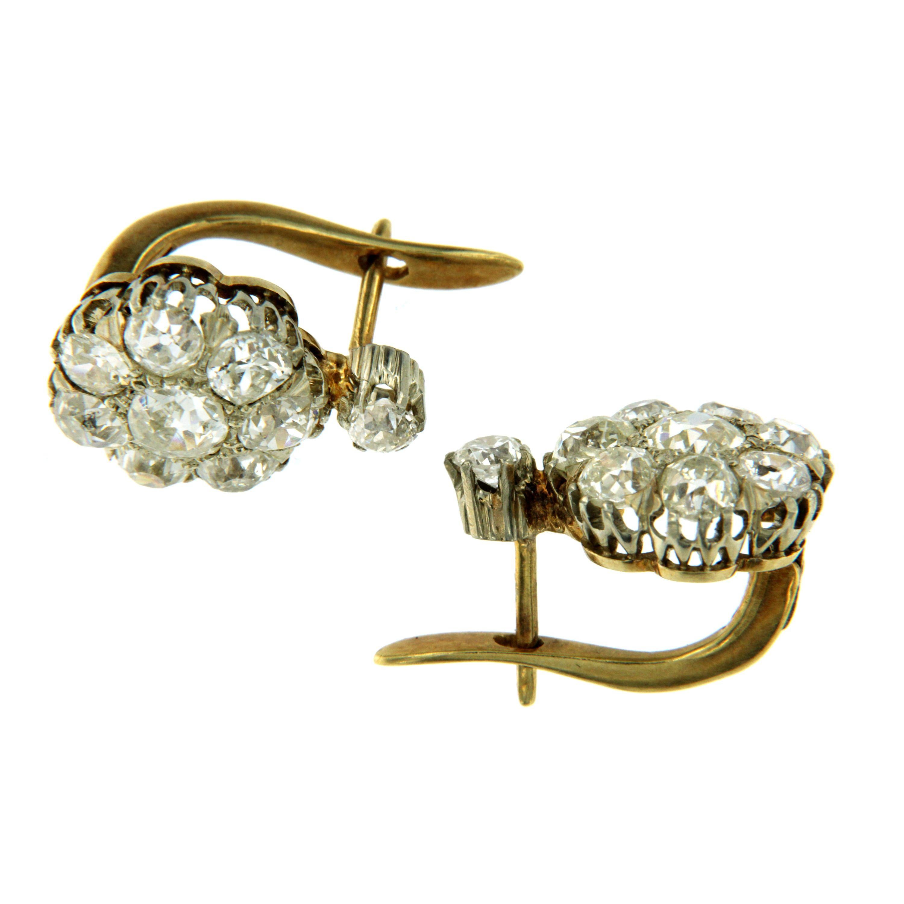 Victorian Diamond Gold Cluster Earrings In Excellent Condition In Napoli, Italy