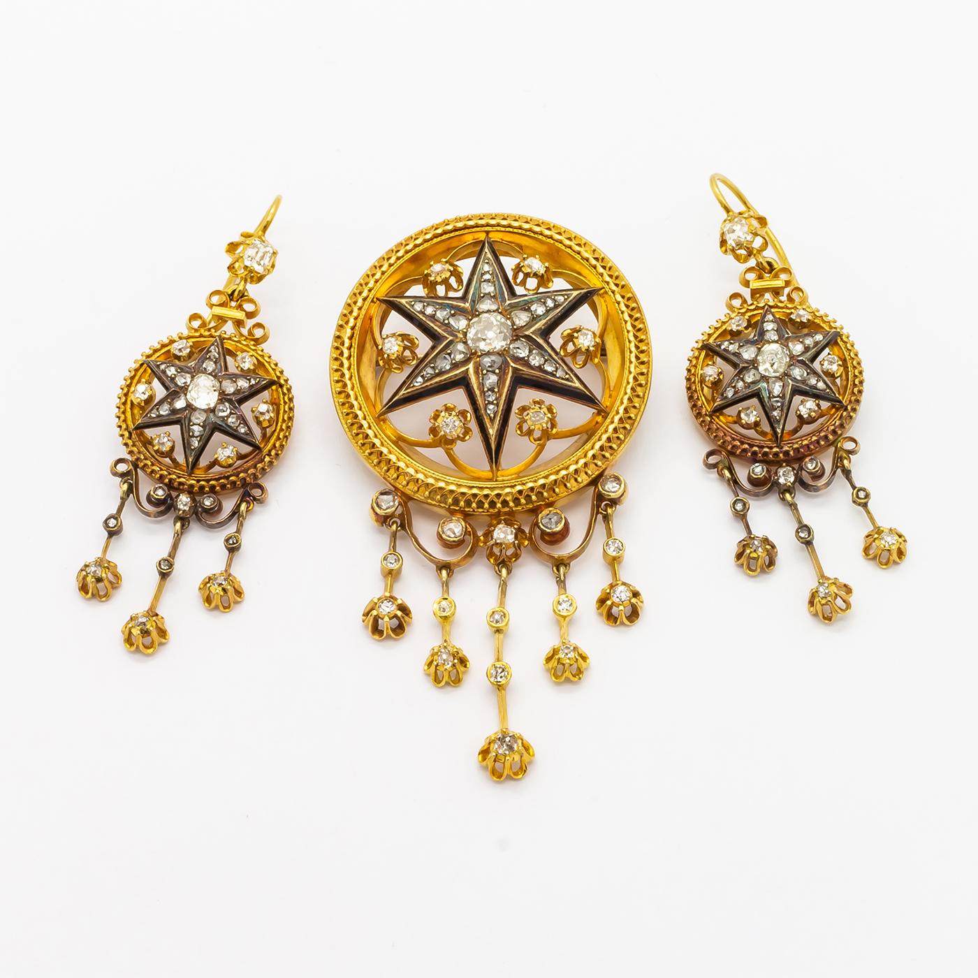 Victorian Diamond Gold Enamel Brooch and Earrings Suite 1