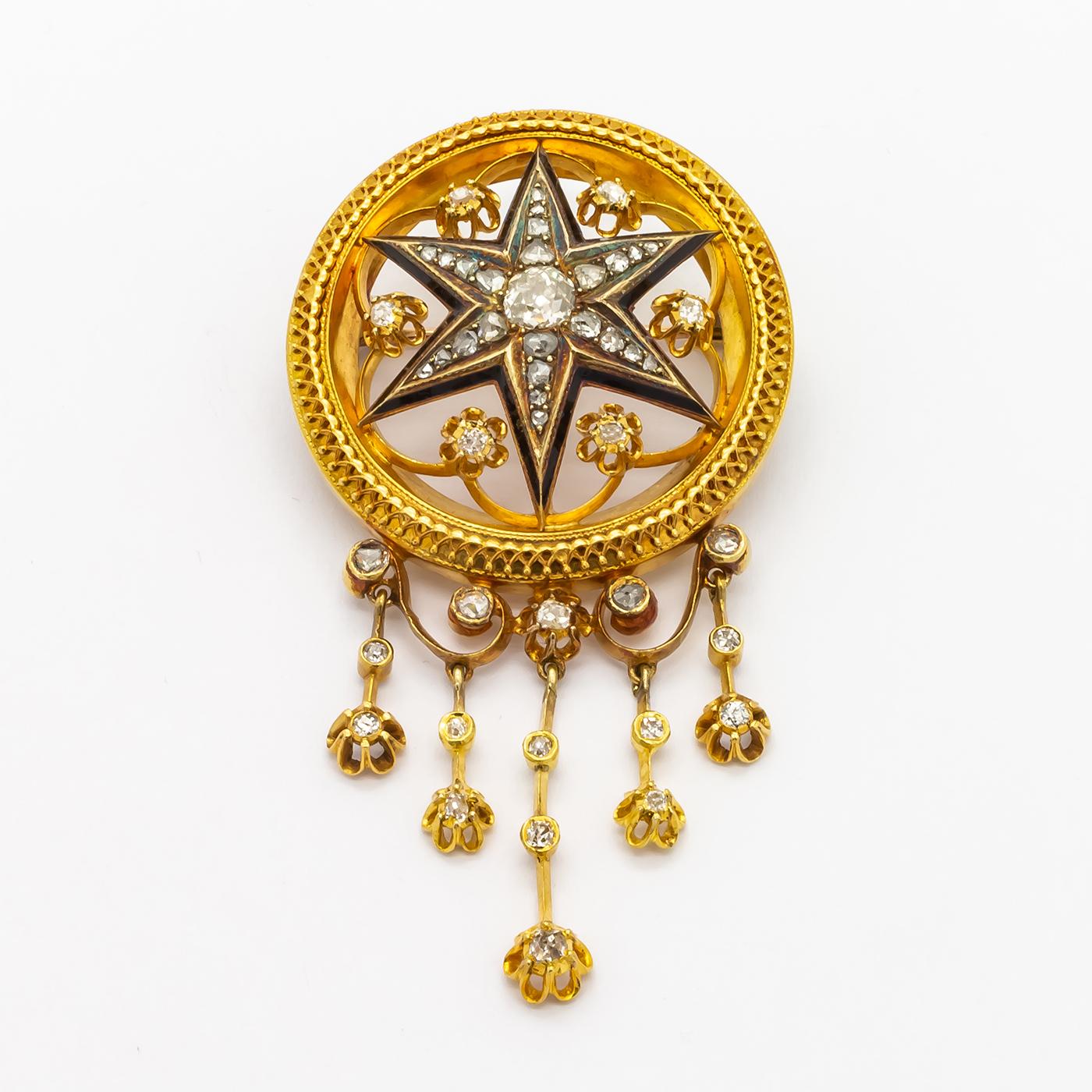 Victorian Diamond Gold Enamel Brooch and Earrings Suite 2