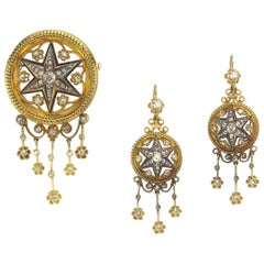 Victorian Diamond Gold Enamel Brooch and Earrings Suite