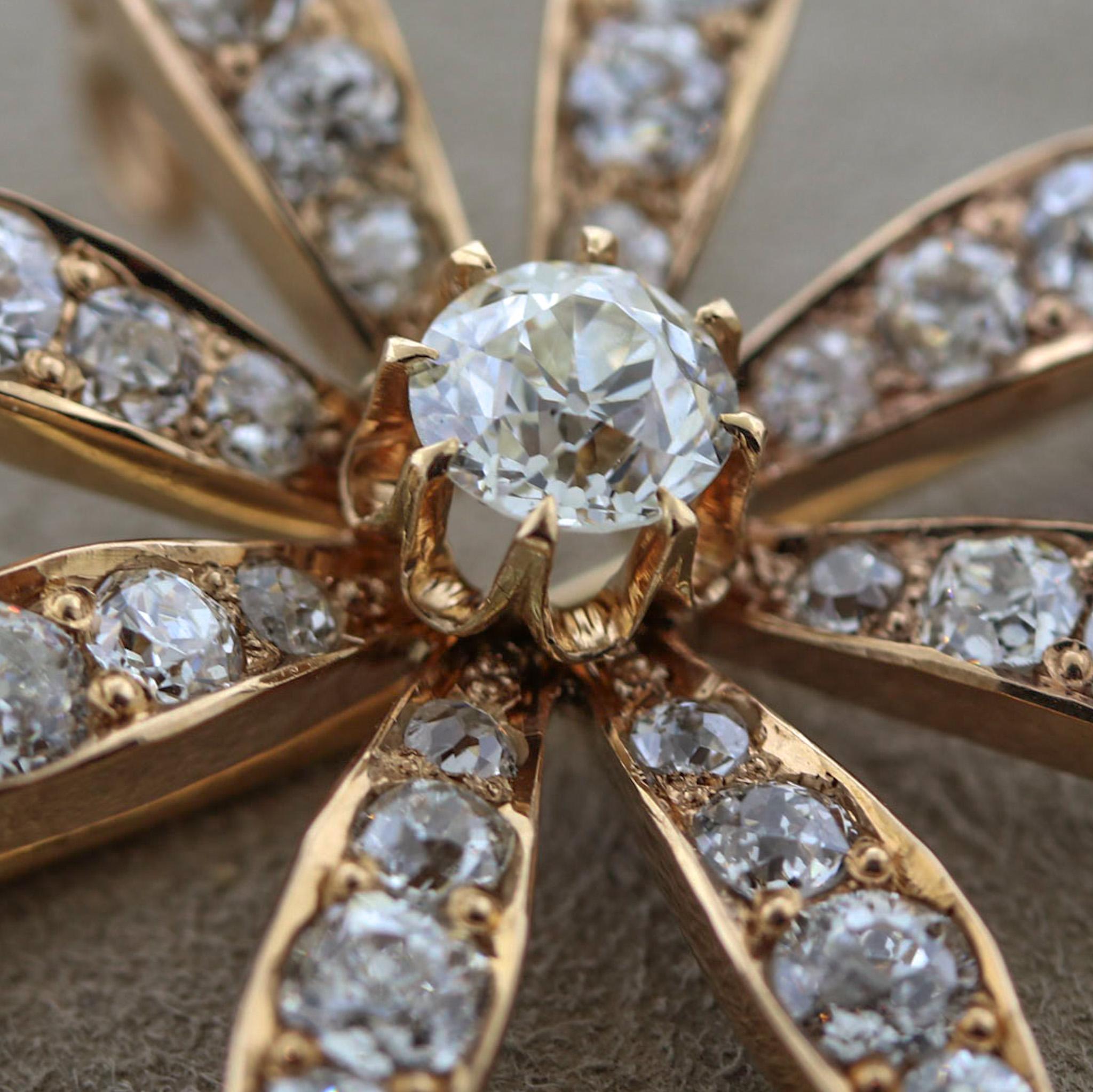 Round Cut Victorian Diamond Gold Flower Pin Brooch For Sale