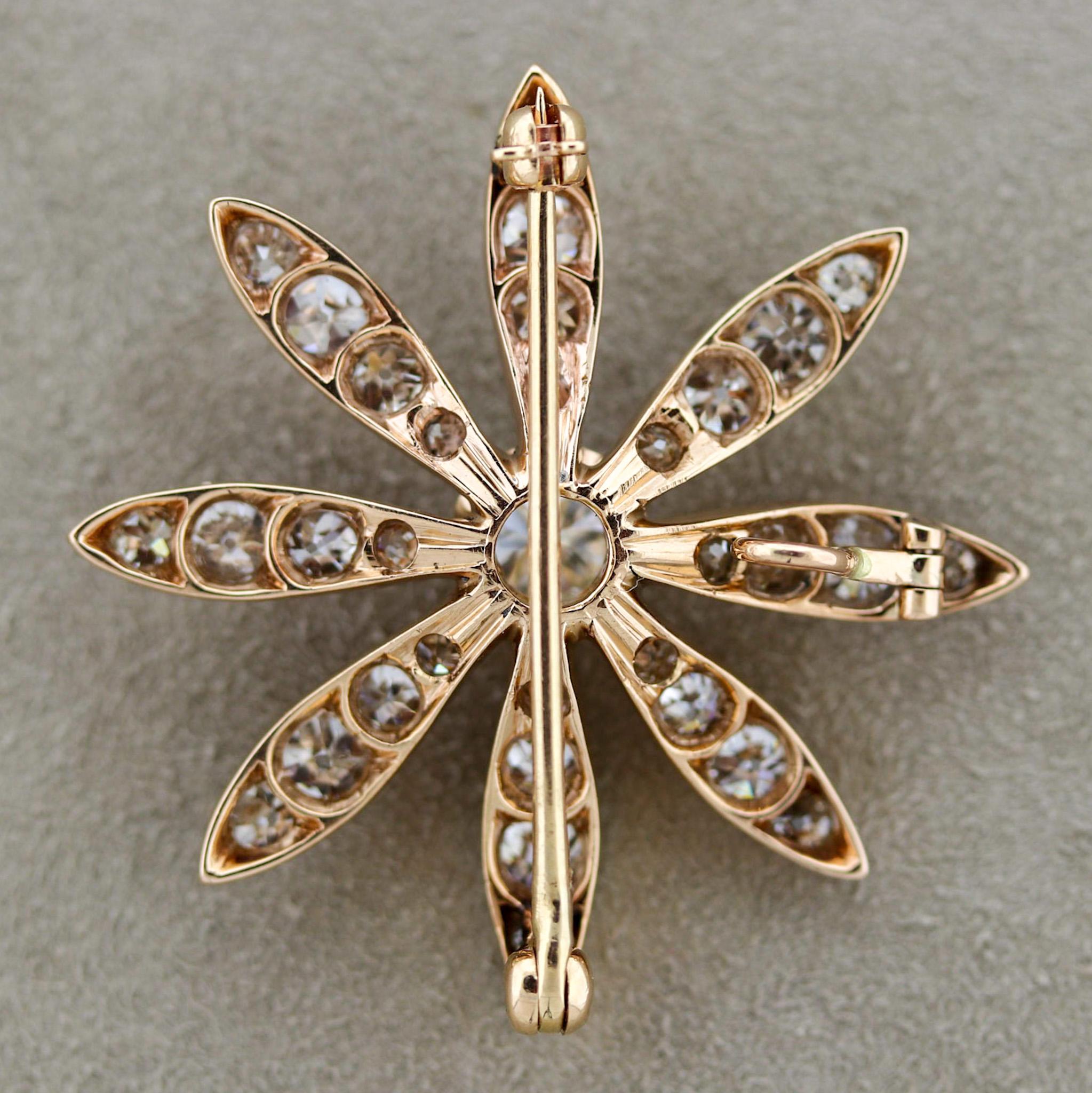 Women's or Men's Victorian Diamond Gold Flower Pin Brooch For Sale