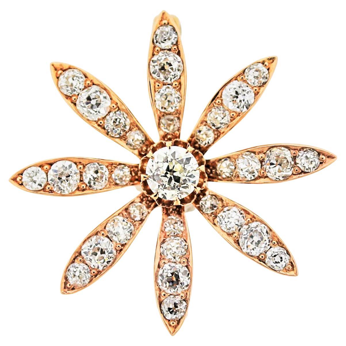 Victorian Diamond Gold Flower Pin Brooch For Sale