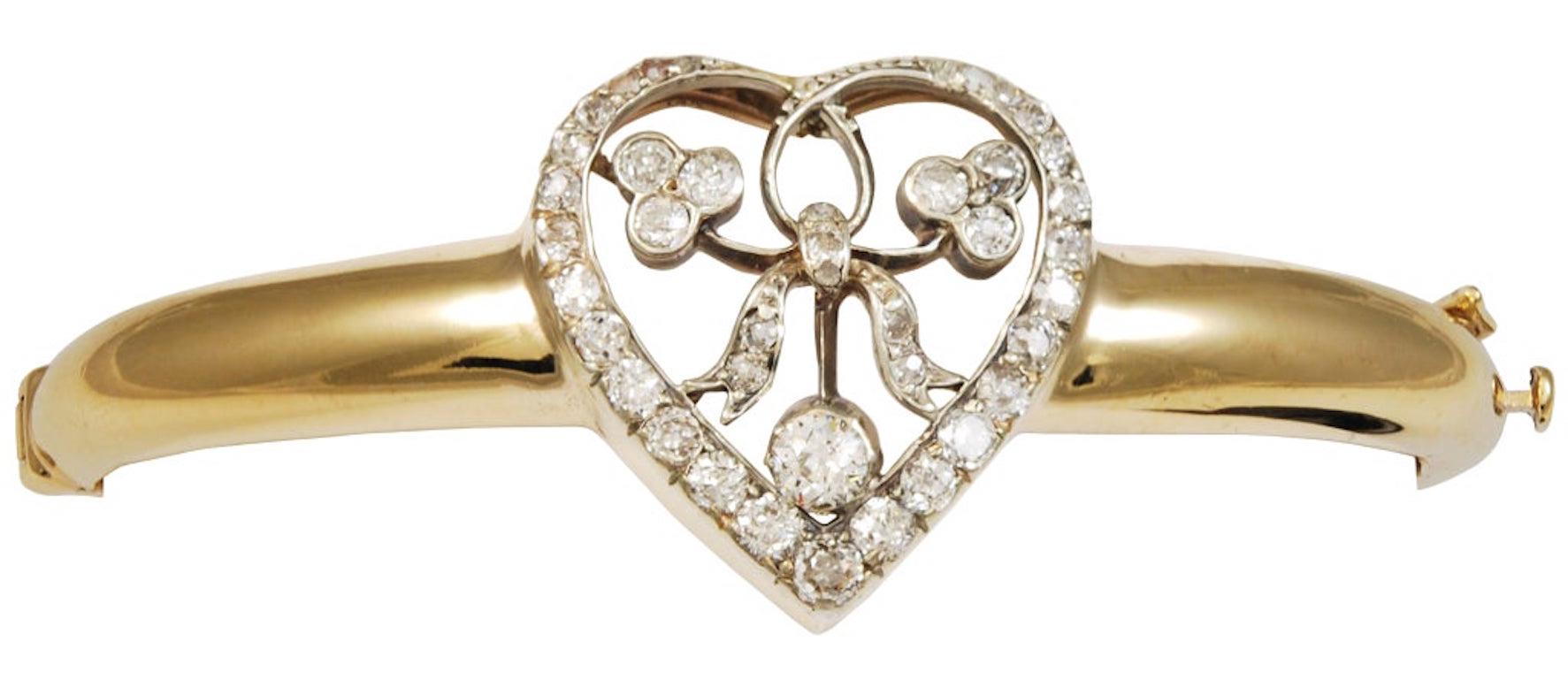 Victorian Diamond Gold Heart Bangle In Excellent Condition In New York, NY