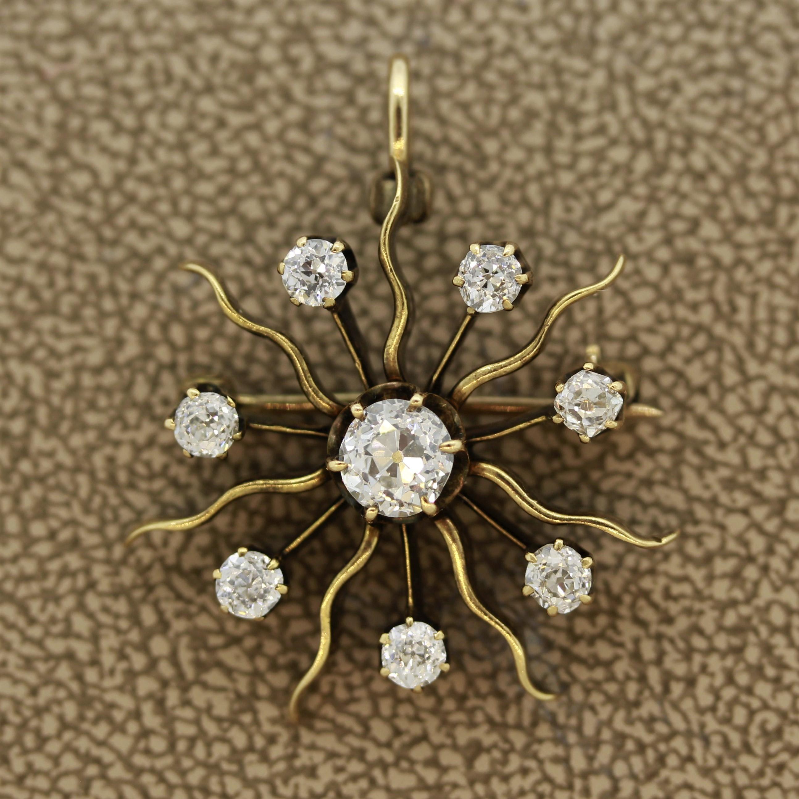 A well made piece from the 1880’s, this antique Victorian pin depicts a bursting sun. It features a large old cut diamonds in the center which is surrounded by 7 smaller diamonds. In total they weigh 1.03 carats and have excellent brilliance and