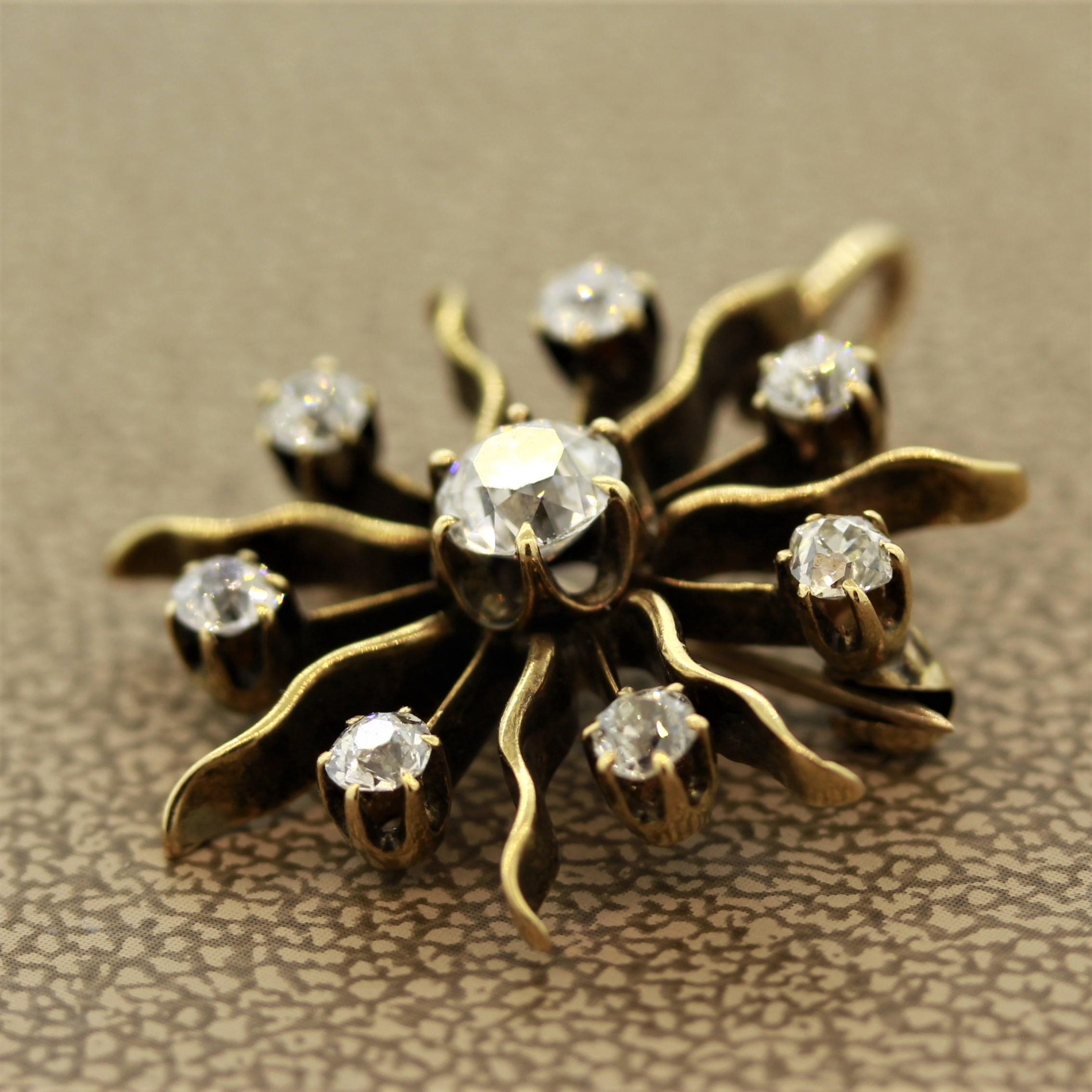 Round Cut Victorian Diamond Gold Sunburst Pin Brooch For Sale