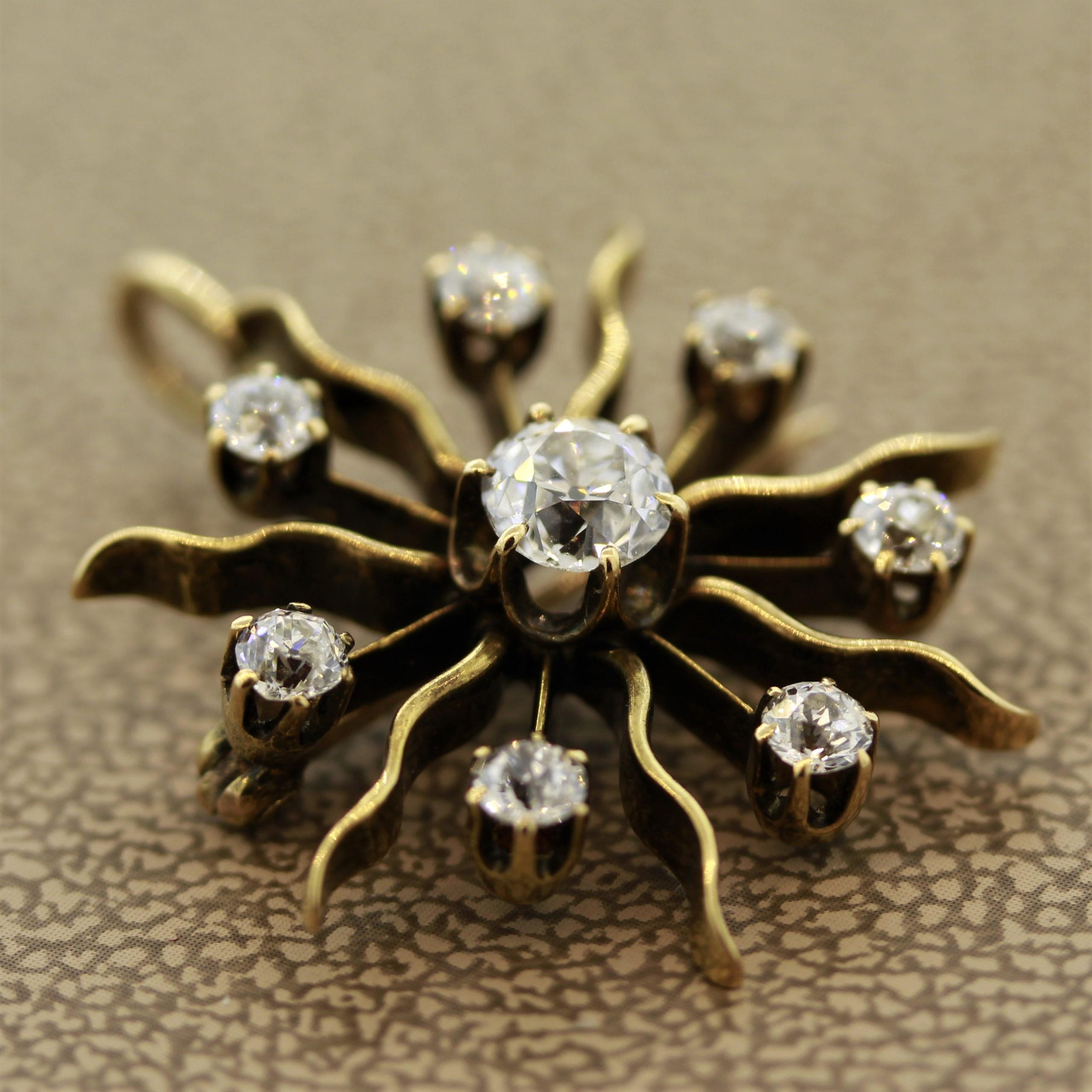 Victorian Diamond Gold Sunburst Pin Brooch In Excellent Condition For Sale In Beverly Hills, CA