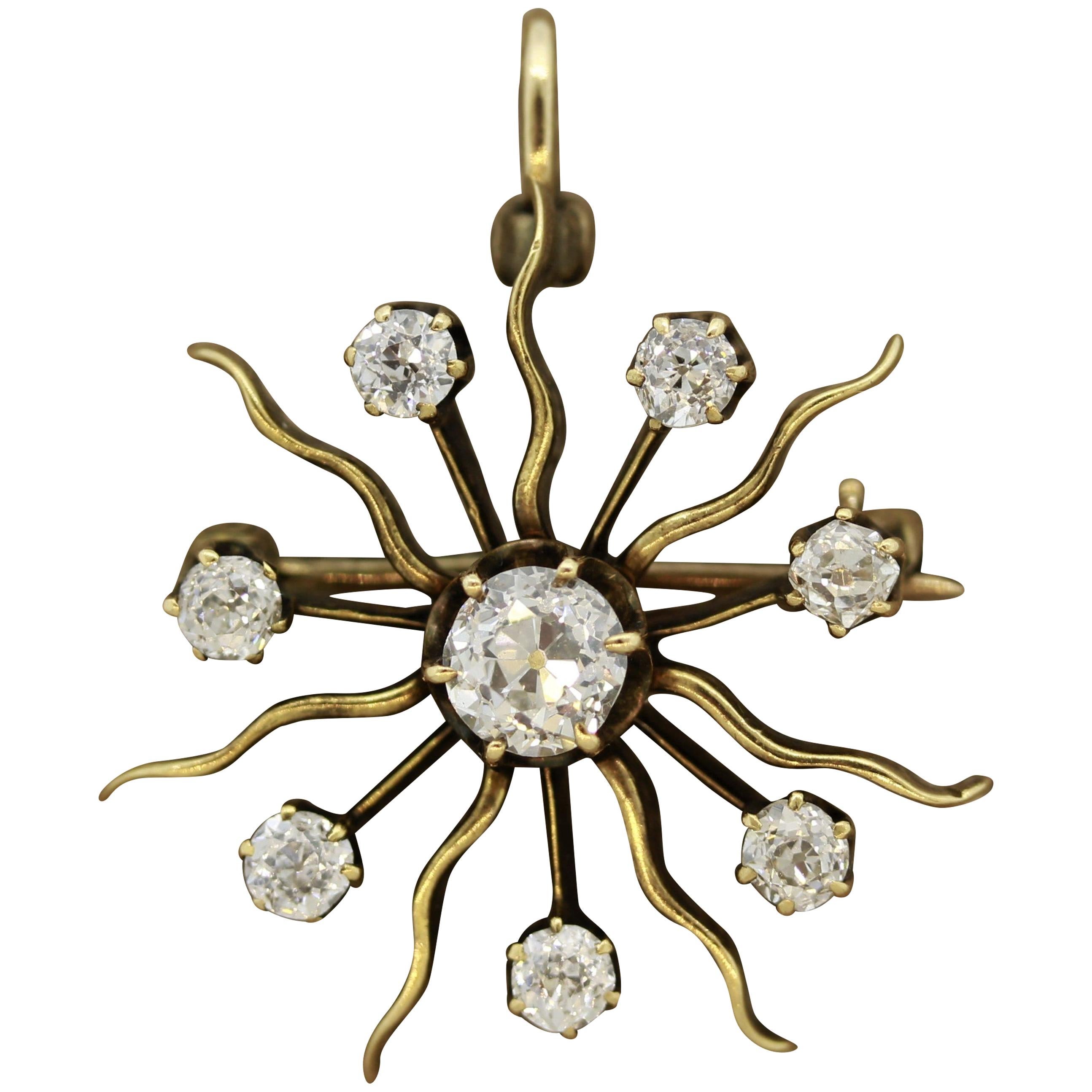 Broche victorienne en forme d'épingle soleil en or et diamants en vente