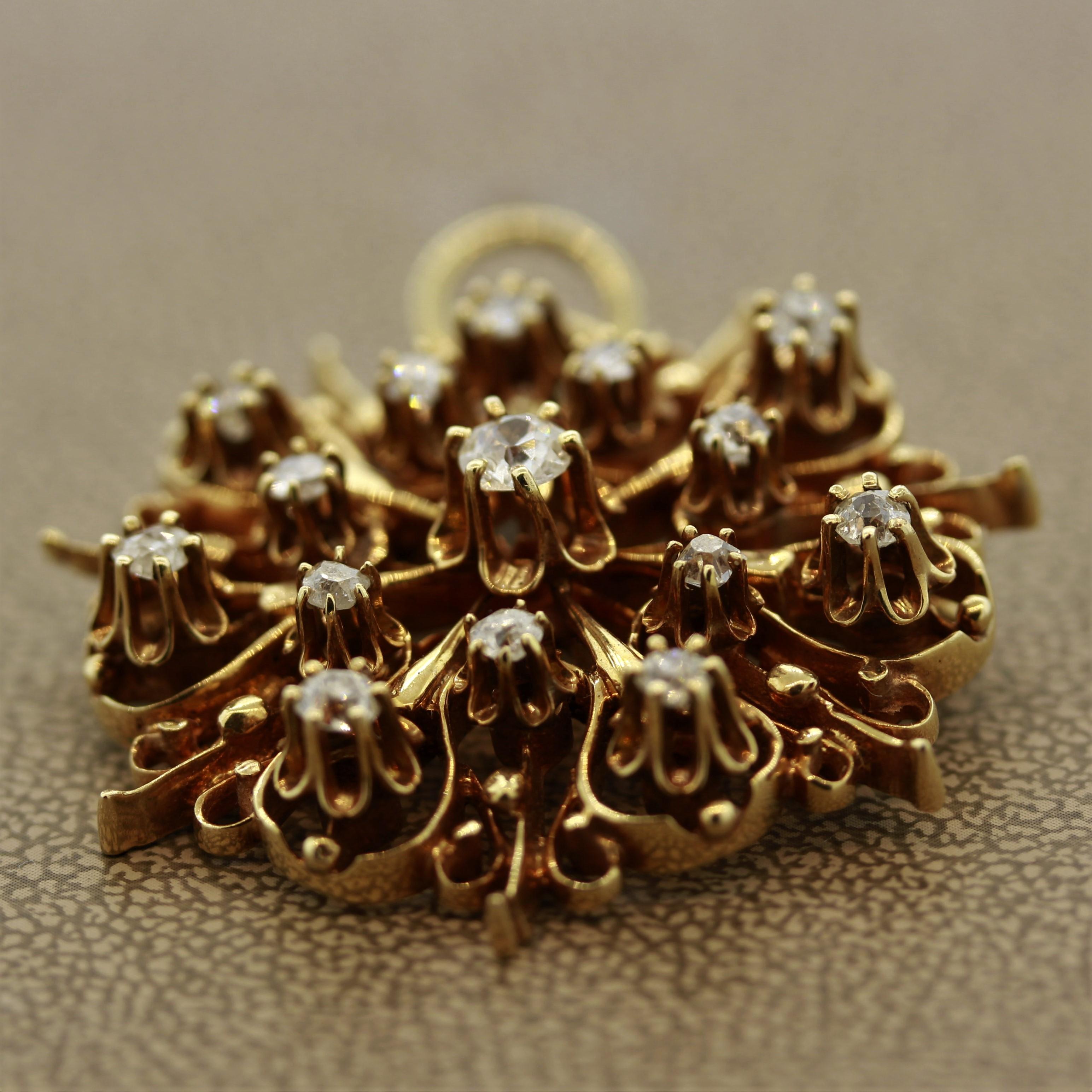 Round Cut Victorian Diamond Gold Wheel Brooch