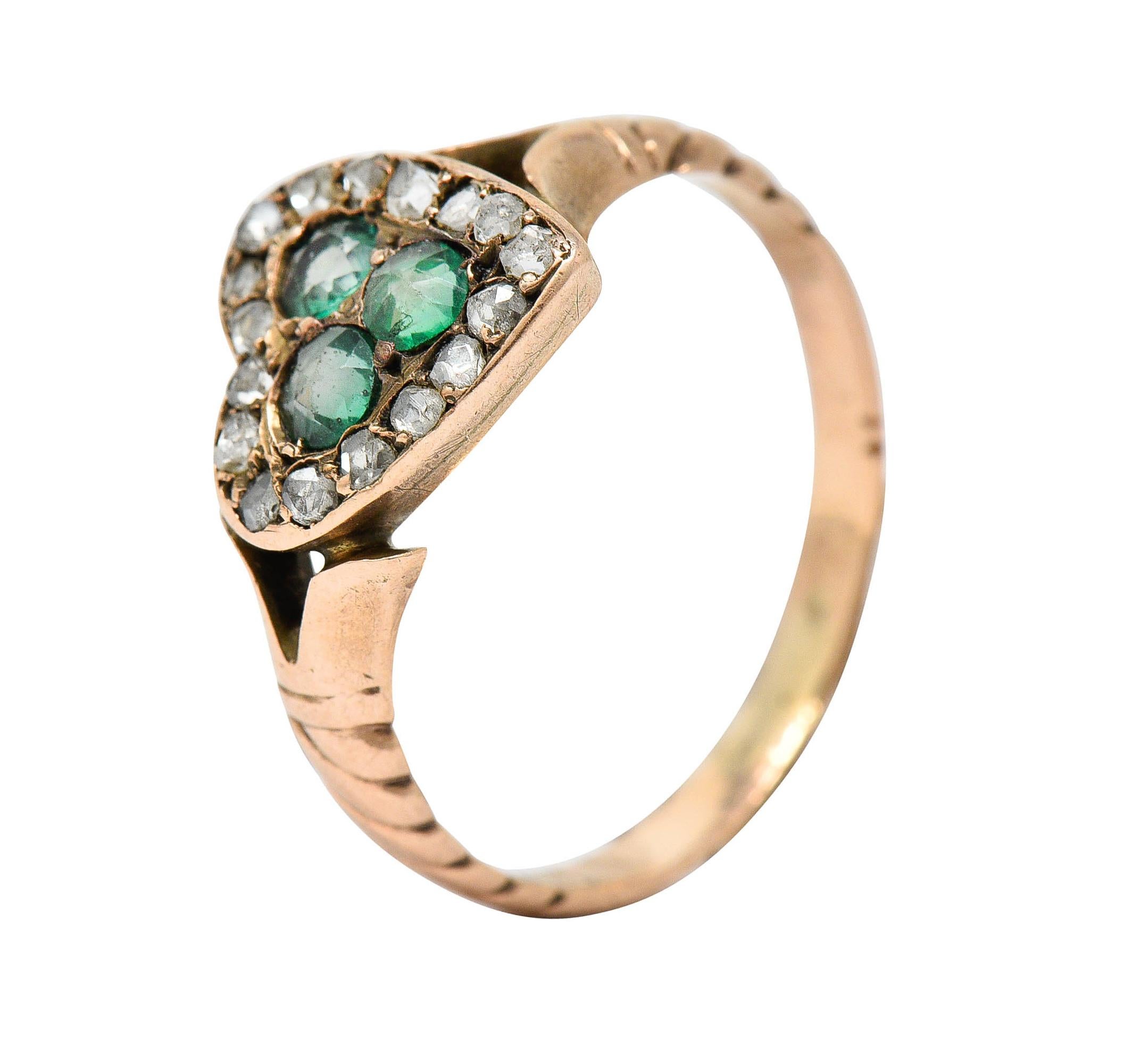 Victorian Diamond & Green Paste 14 Karat Rose Gold Heart Ring 5