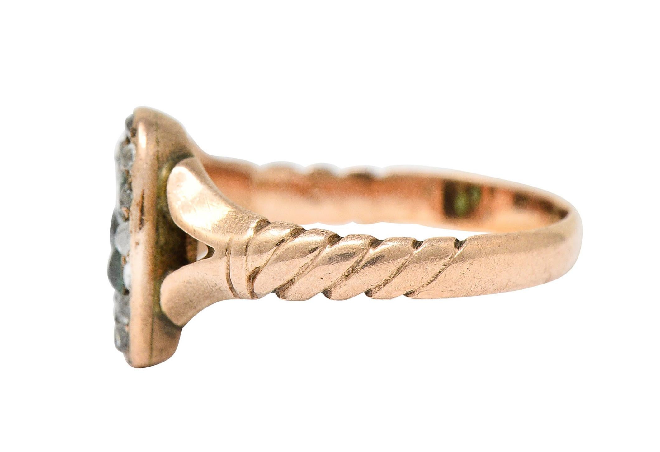 Women's or Men's Victorian Diamond & Green Paste 14 Karat Rose Gold Heart Ring