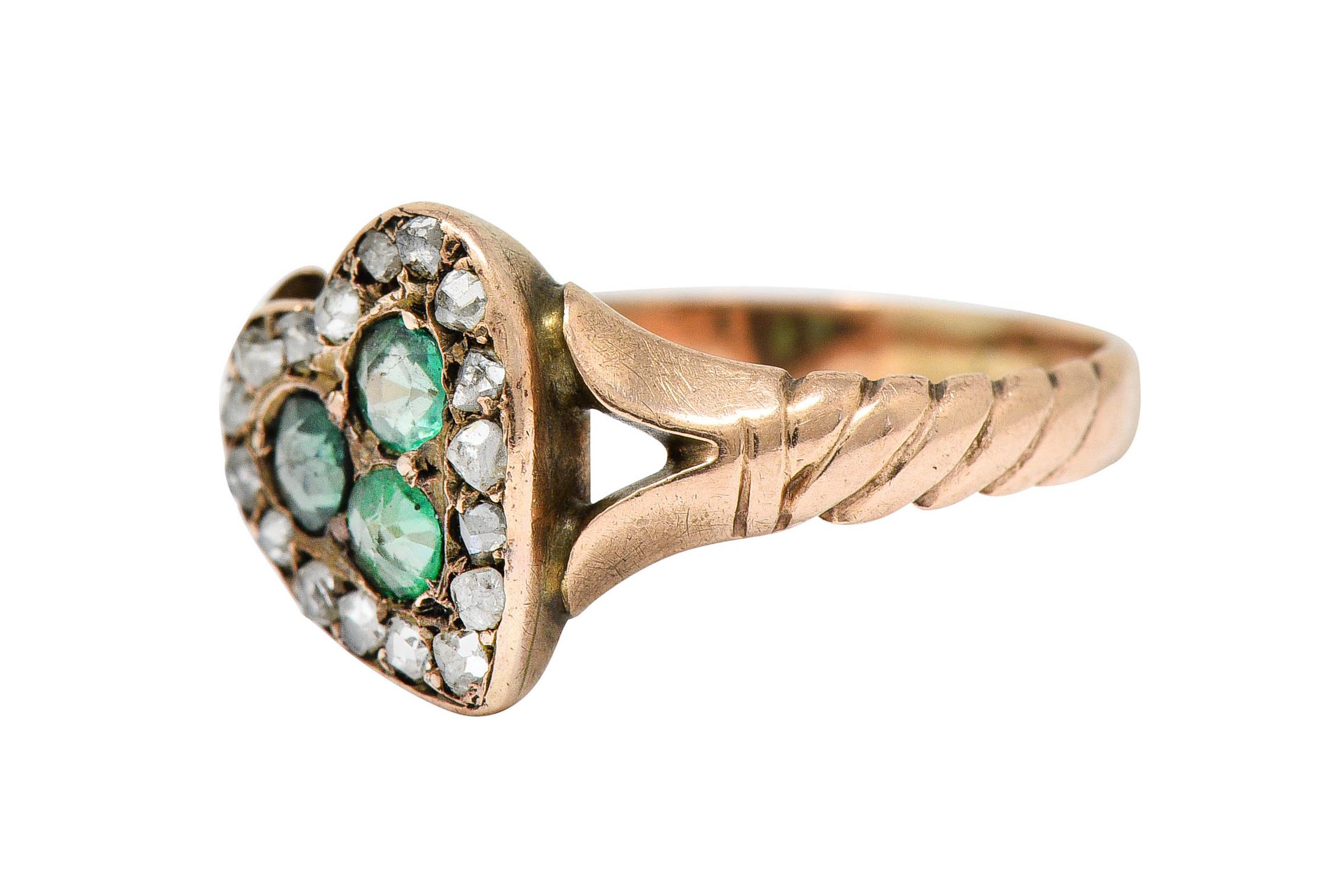 Victorian Diamond & Green Paste 14 Karat Rose Gold Heart Ring 1