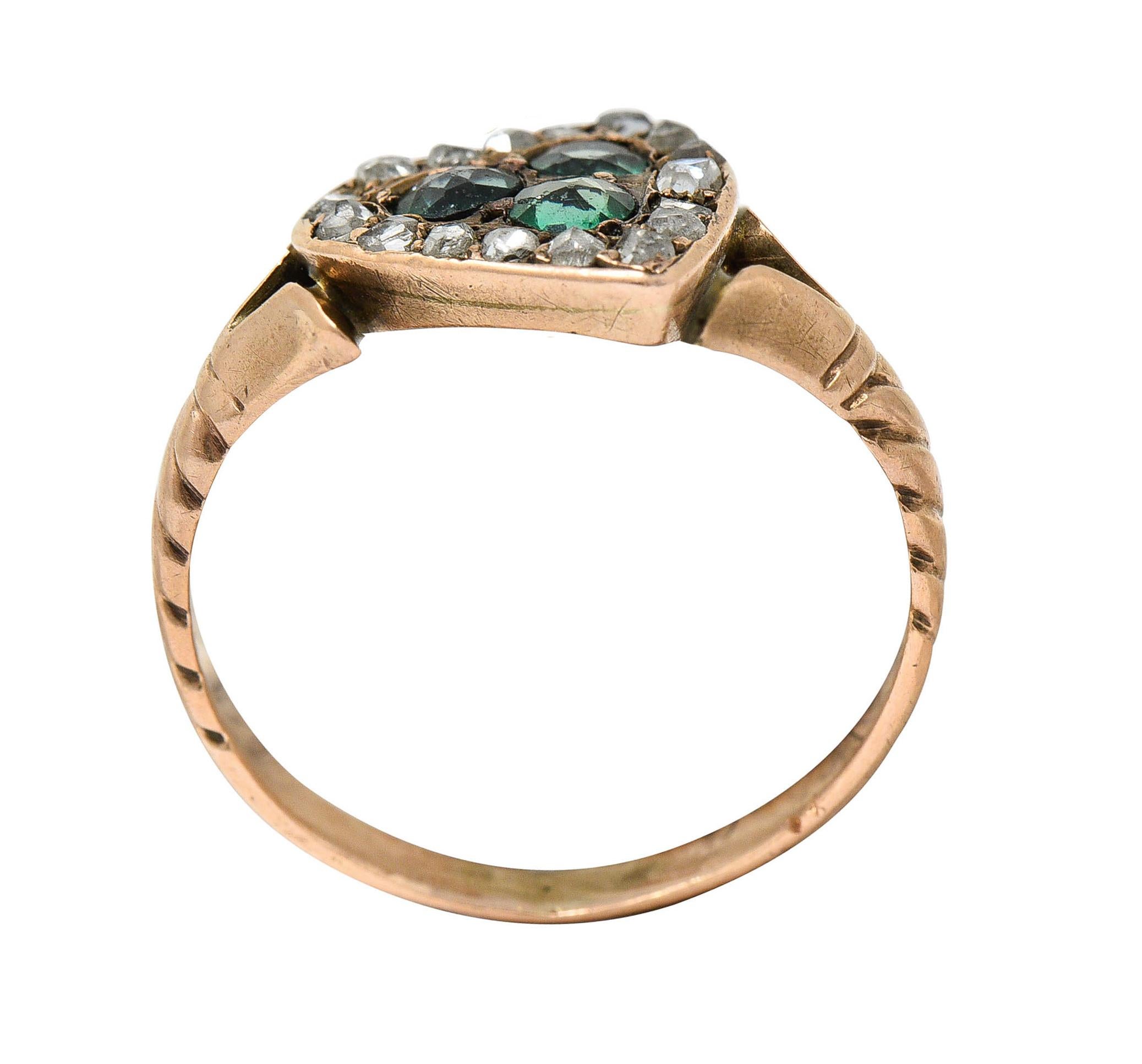 Victorian Diamond & Green Paste 14 Karat Rose Gold Heart Ring 2