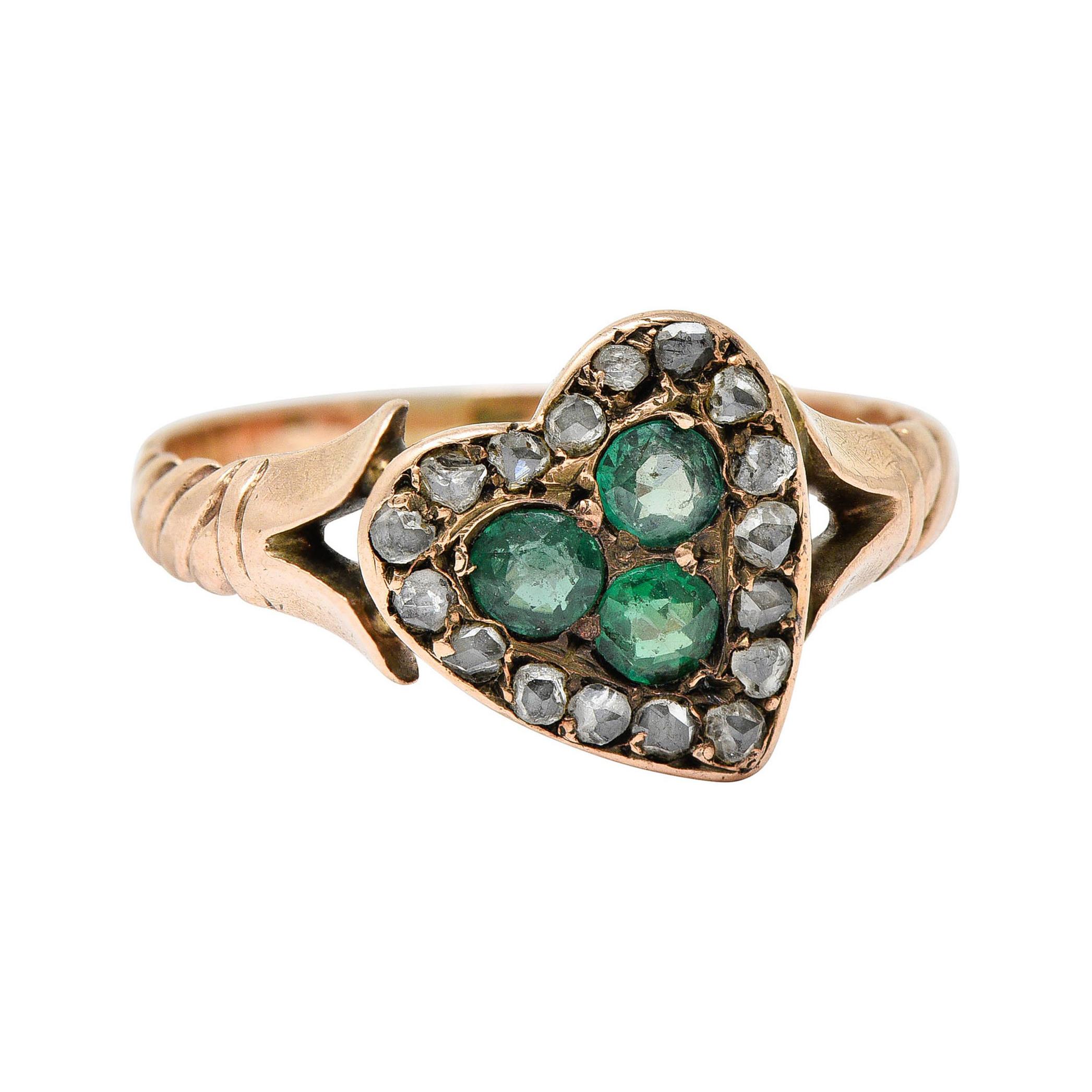 Victorian Diamond & Green Paste 14 Karat Rose Gold Heart Ring