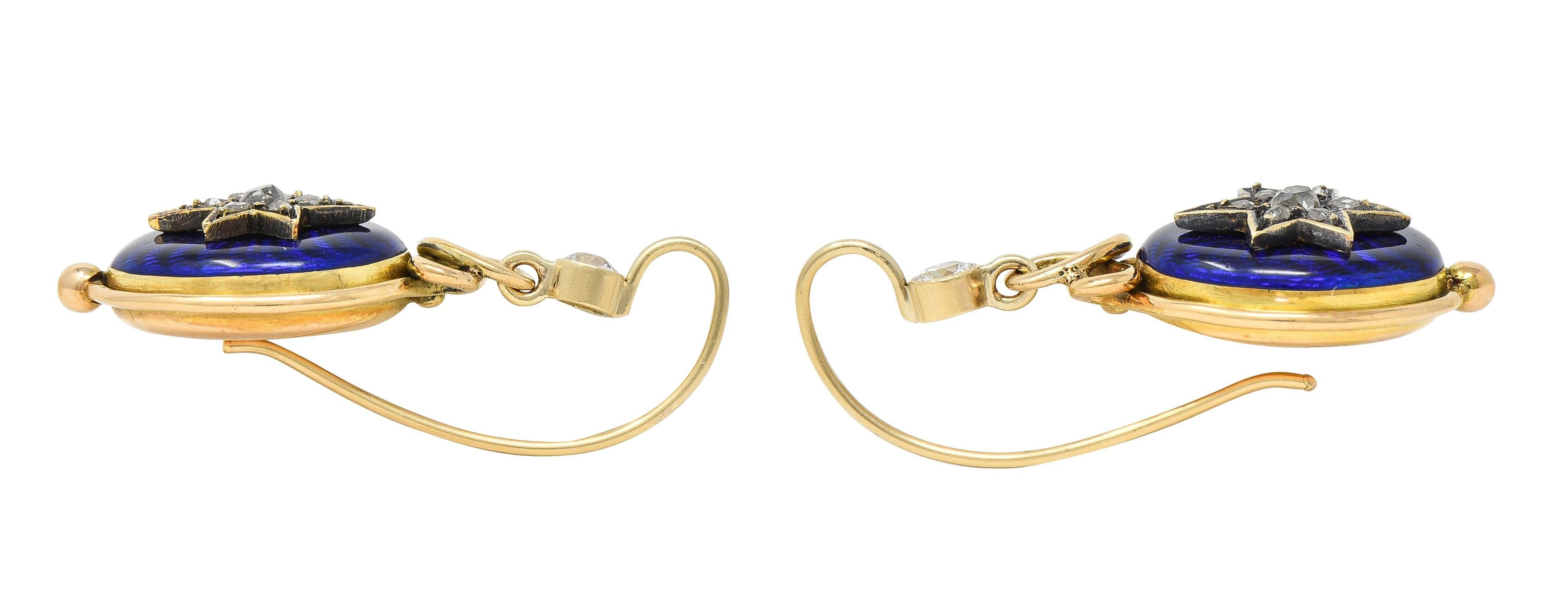 Women's or Men's Victorian Diamond Guilloche Enamel 14 Karat Gold Antique Star Drop Earrings