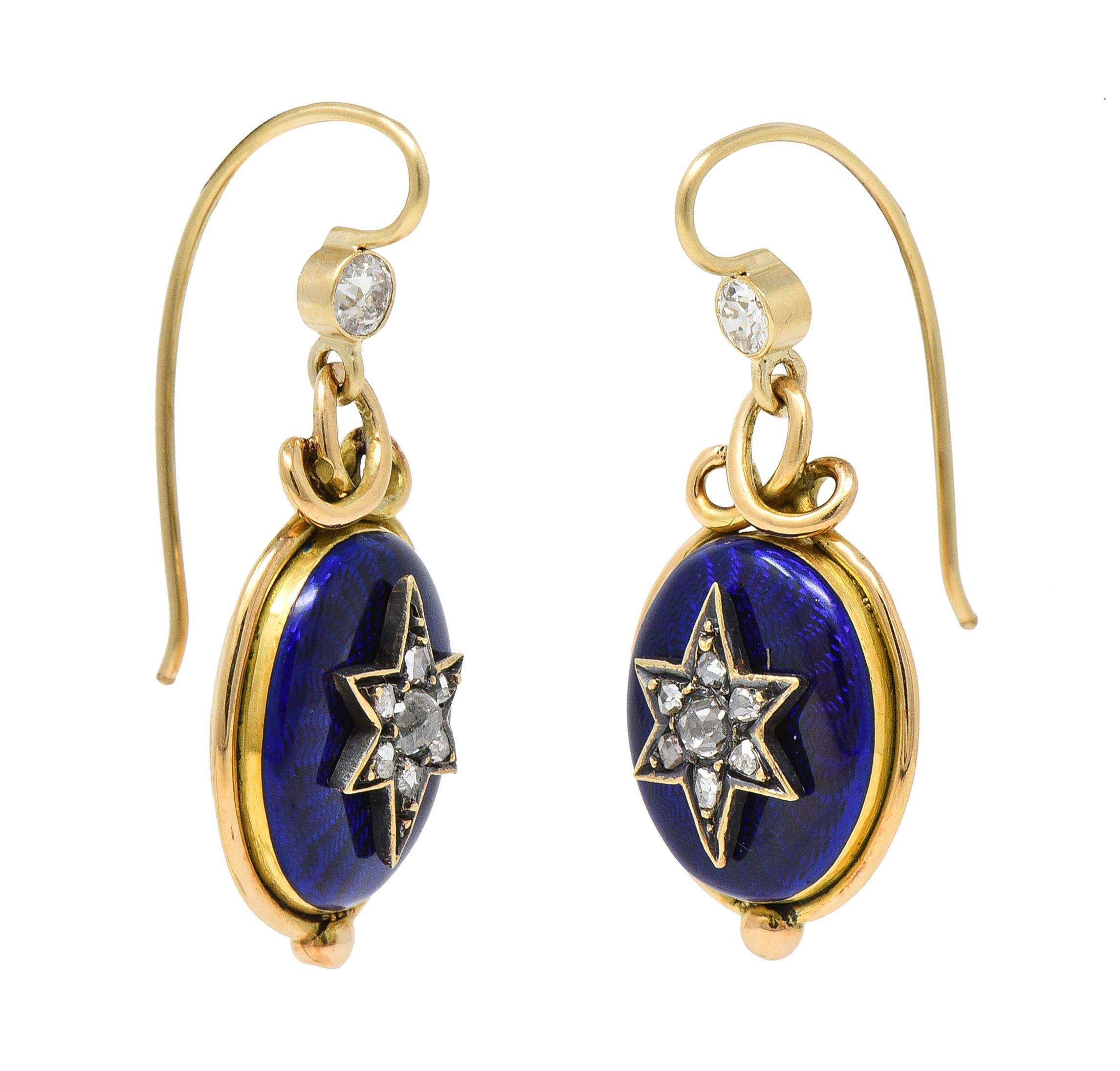 Victorian Diamond Guilloche Enamel 14 Karat Gold Antique Star Drop Earrings 1