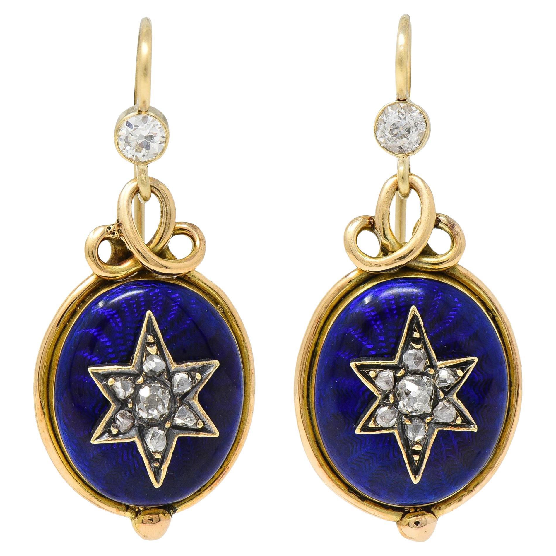 Victorian Diamond Guilloche Enamel 14 Karat Gold Antique Star Drop Earrings