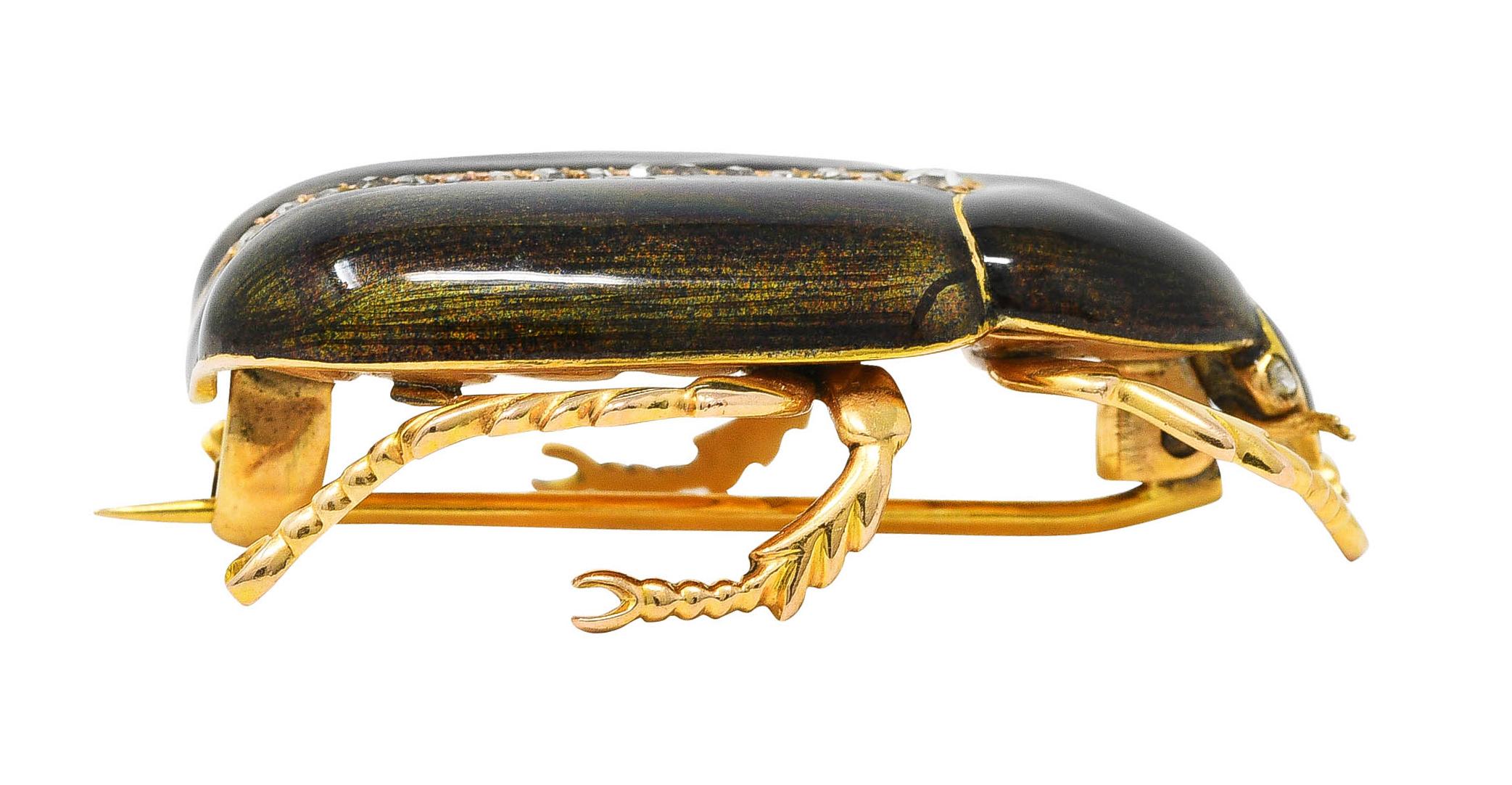 Rose Cut Victorian Diamond Guilloche Enamel 18 Karat Yellow Gold Scarab Beetle Brooch