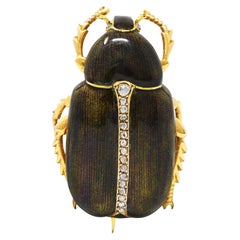 Victorian Diamond Guilloche Enamel 18 Karat Yellow Gold Scarab Beetle Brooch