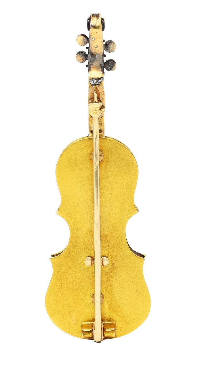 Victorian Diamond Guilloche Enamel 18 Karat Yellow Gold Violin Antique
