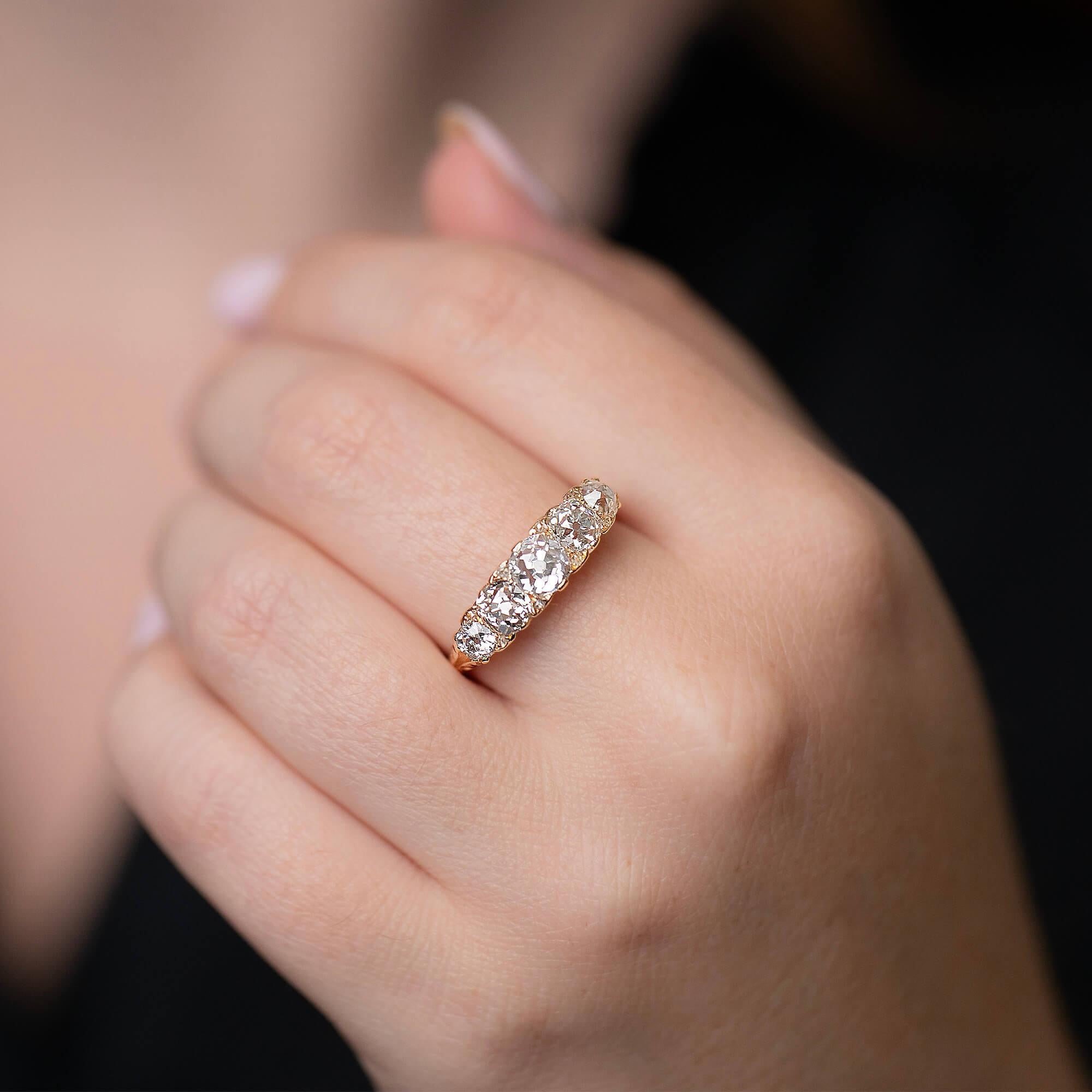 This beautiful Victorian half hoop ring is crafted in yellow gold featuring carved scroll works set with early European and rose cut diamonds.

Diamonds:
Five natural early European cut, H-J colour, SI material, estimated total weight 2.02ct
Eight