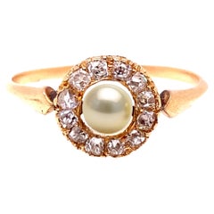 Victorian Diamond Halo Pearl Ring .40ct French Cut Vintage Antique 14K Gold
