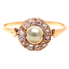 Victorian Diamond Halo Pearl Ring .40ct French Cut Original 1880's Antique 14K