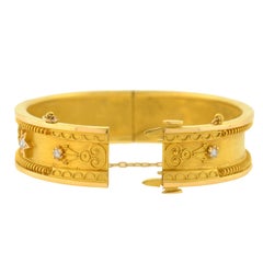 Victorian Diamond Hinged Gold Bangle Bracelet with Star Motif