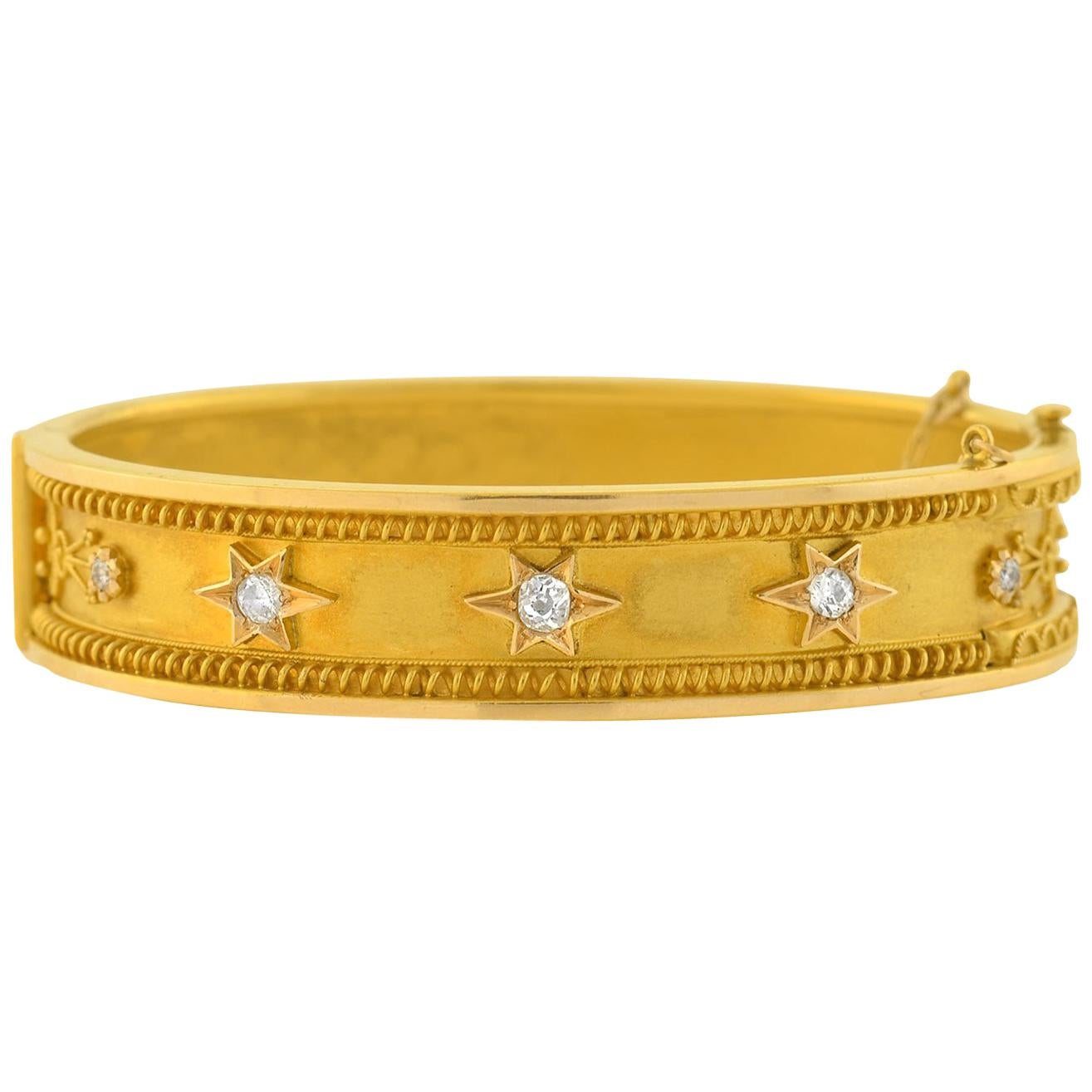 Victorian Diamond Hinged Gold Bangle Bracelet with Star Motif