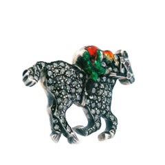 Victorian Diamond Horse w/ Enameled Jockey Pin SS on Gold