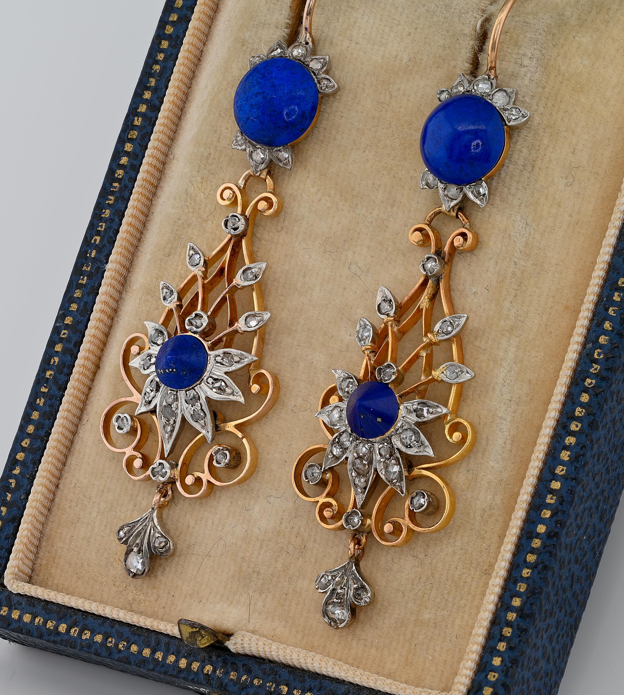 Cabochon Victorian Diamond Lapis  Pierced Drop Earrings 18 KT For Sale