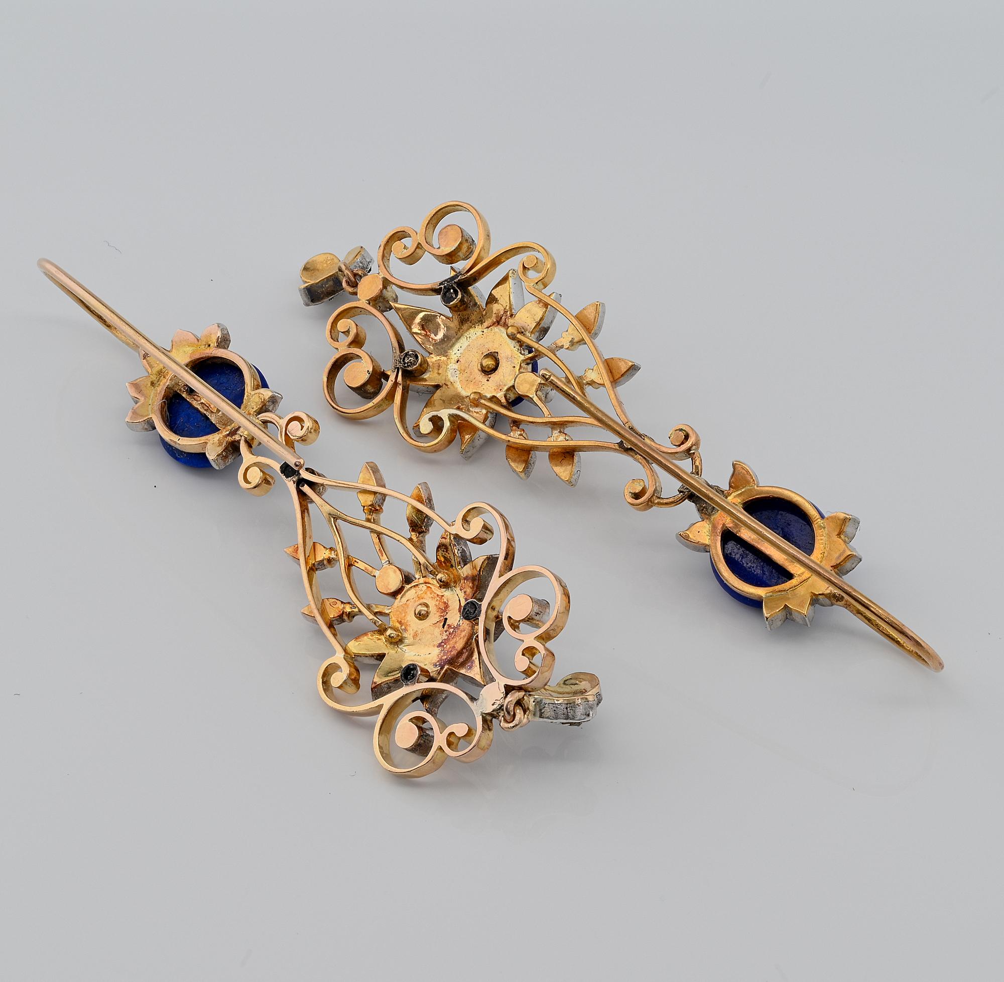 Victorian Diamond Lapis  Pierced Drop Earrings 18 KT In Good Condition For Sale In Napoli, IT