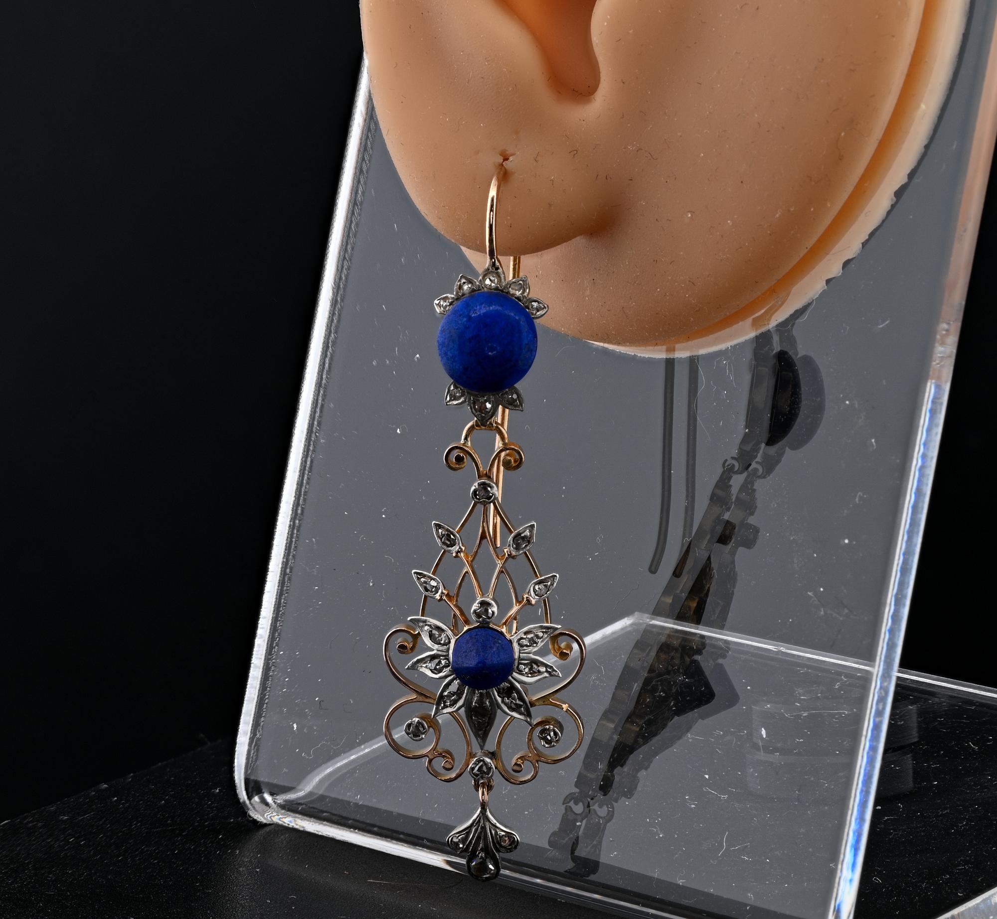 Women's Victorian Diamond Lapis  Pierced Drop Earrings 18 KT For Sale