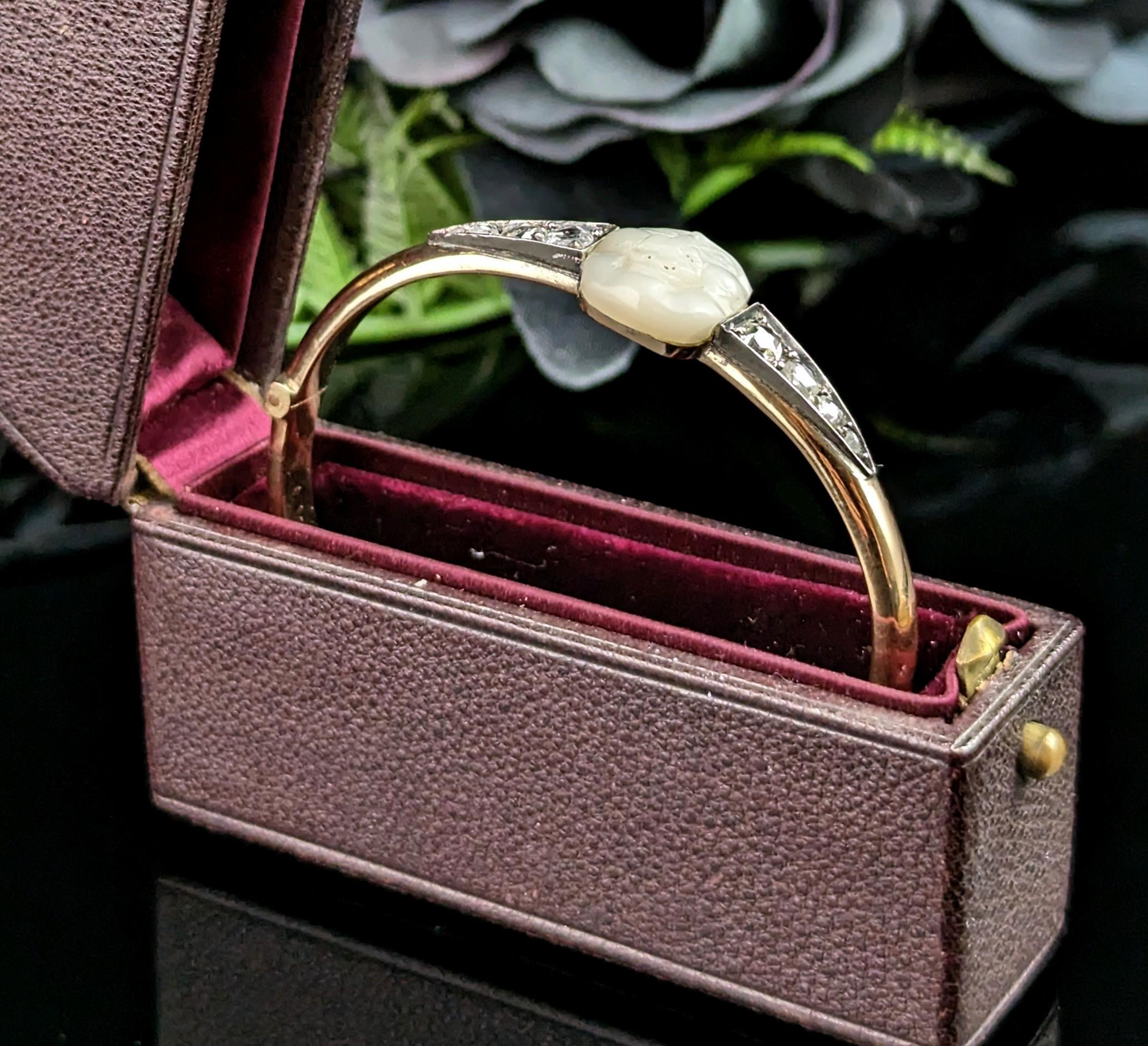 Victorian Diamond Man in the Moon Bangle, 18k Gold, Mother of Pearl For Sale 5