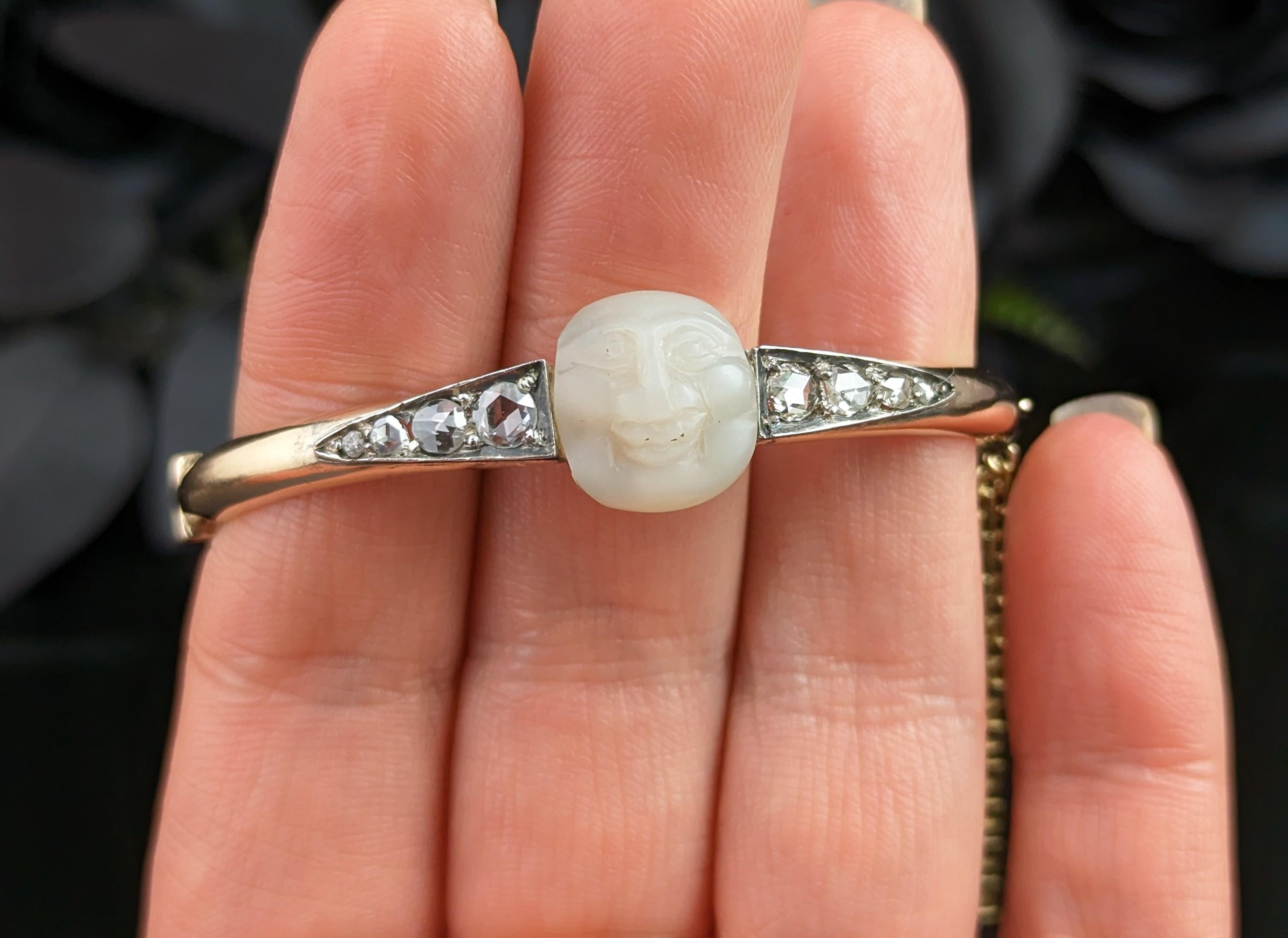 Victorian Diamond Man in the Moon Bangle, 18k Gold, Mother of Pearl For Sale 8