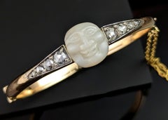 Victorian Diamond Man in the Moon Bangle, 18k Gold, Mother of Pearl