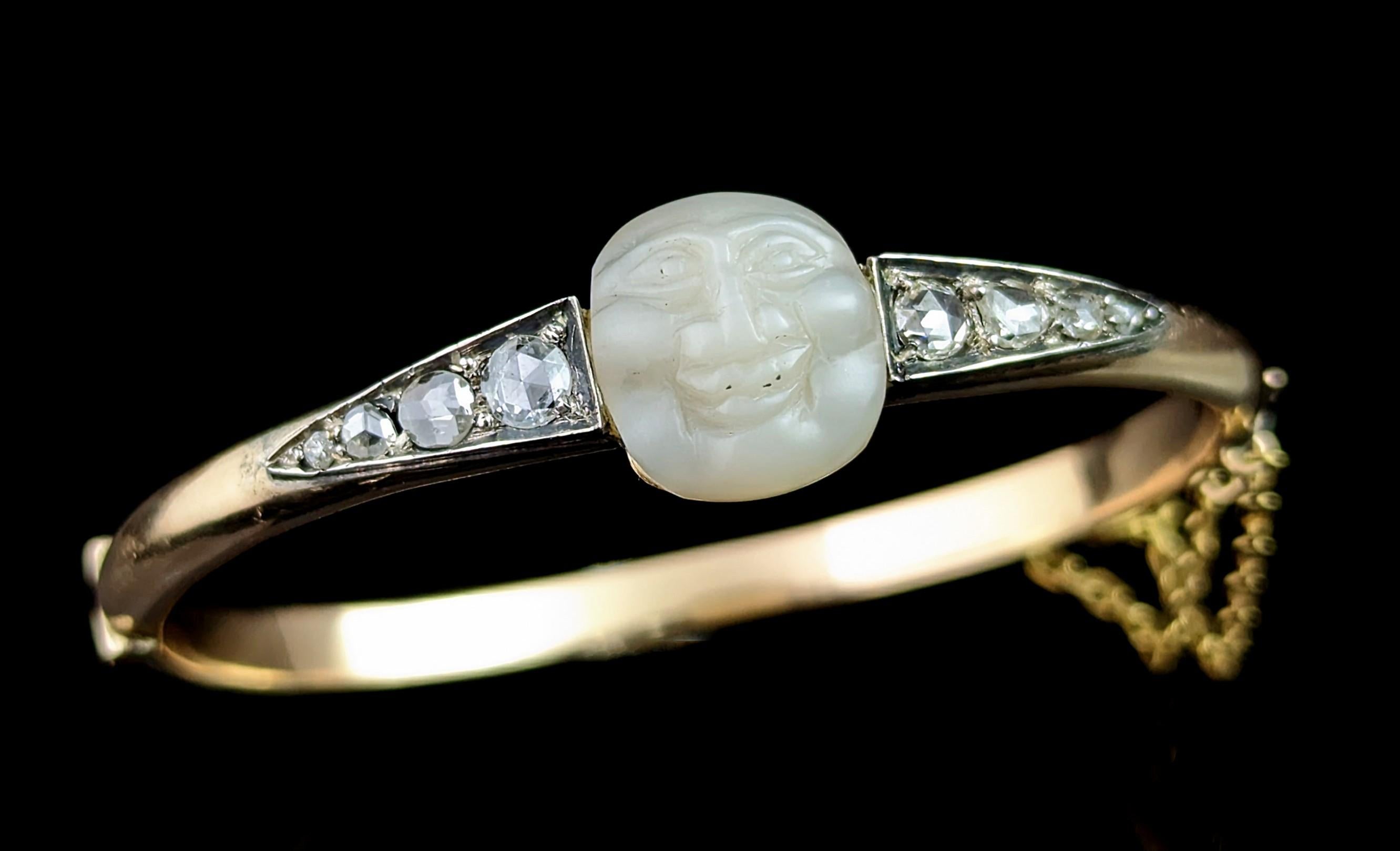 Rose Cut Victorian Diamond Man in the Moon Bangle, 18k Gold, Mother of Pearl For Sale