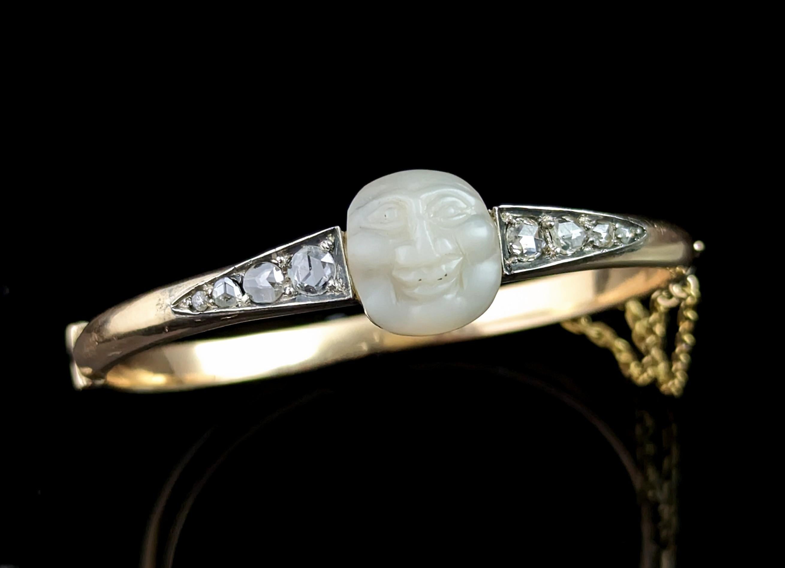Victorian Diamond Man in the Moon Bangle, 18k Gold, Mother of Pearl In Fair Condition For Sale In NEWARK, GB