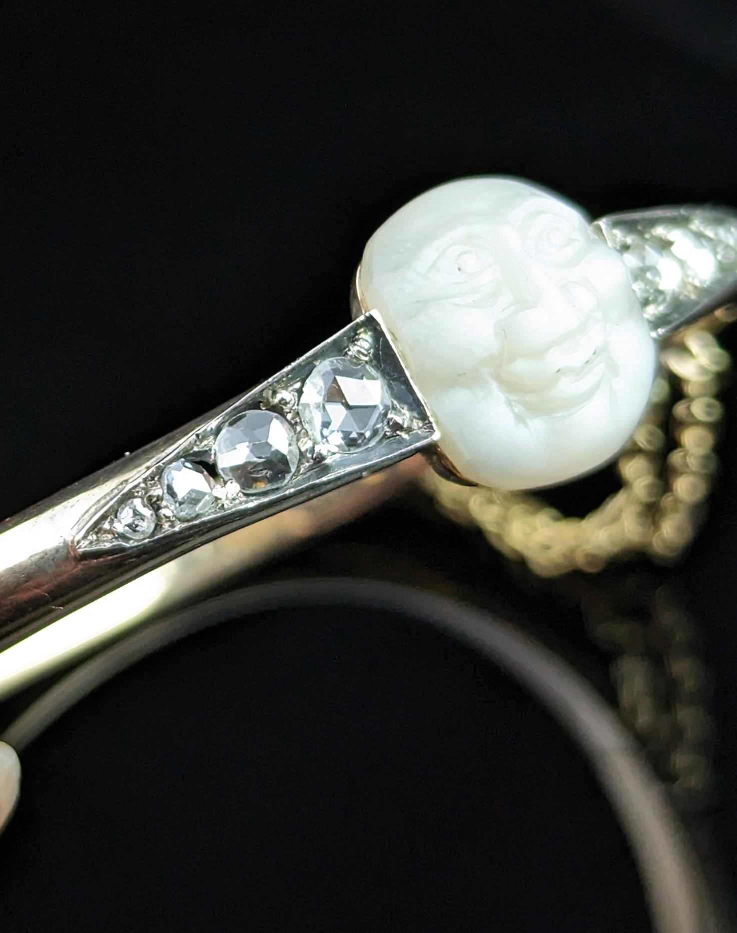 Victorian Diamond Man in the Moon Bangle, 18k Gold, Mother of Pearl For Sale 1