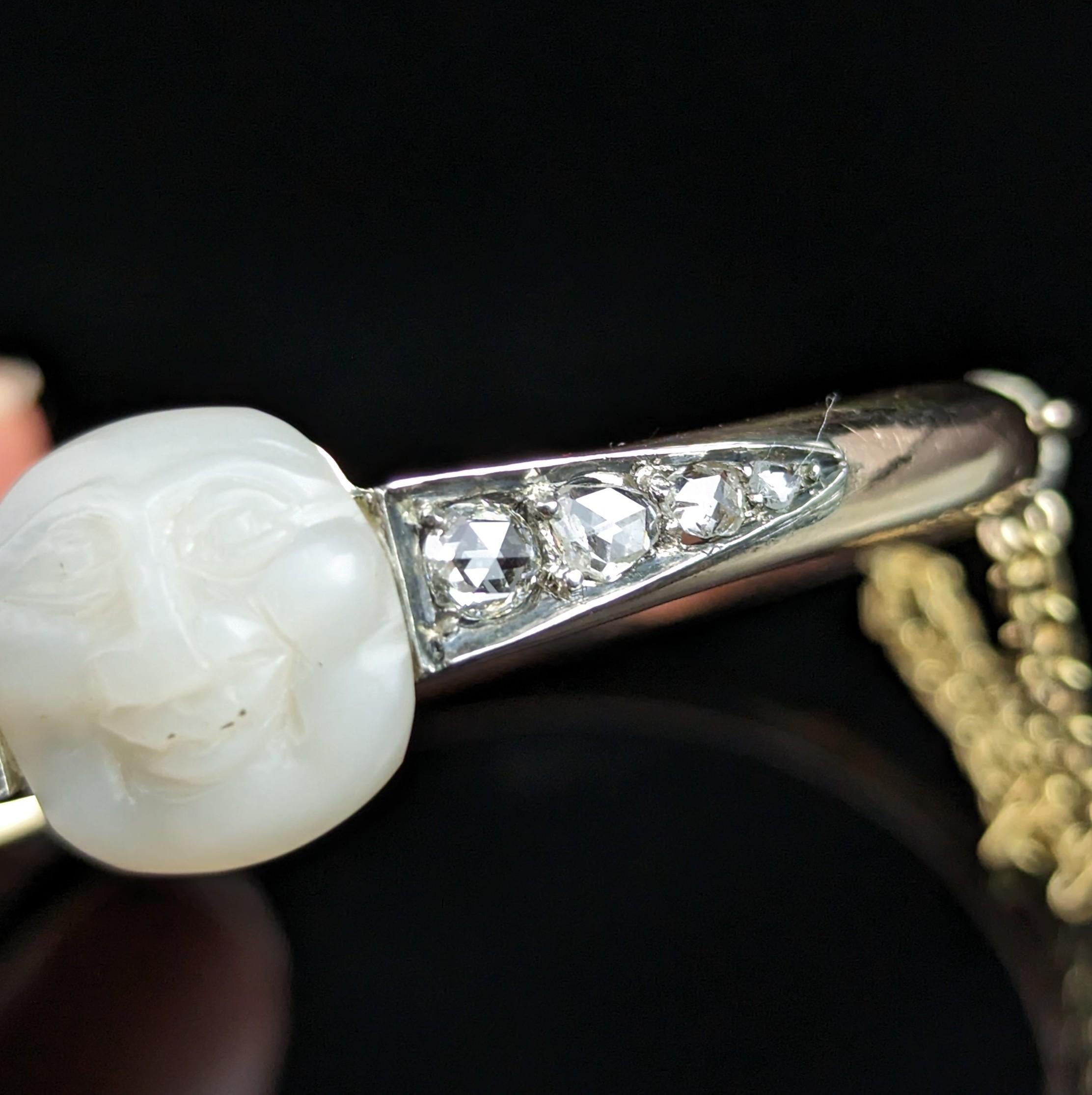 Victorian Diamond Man in the Moon Bangle, 18k Gold, Mother of Pearl For Sale 2