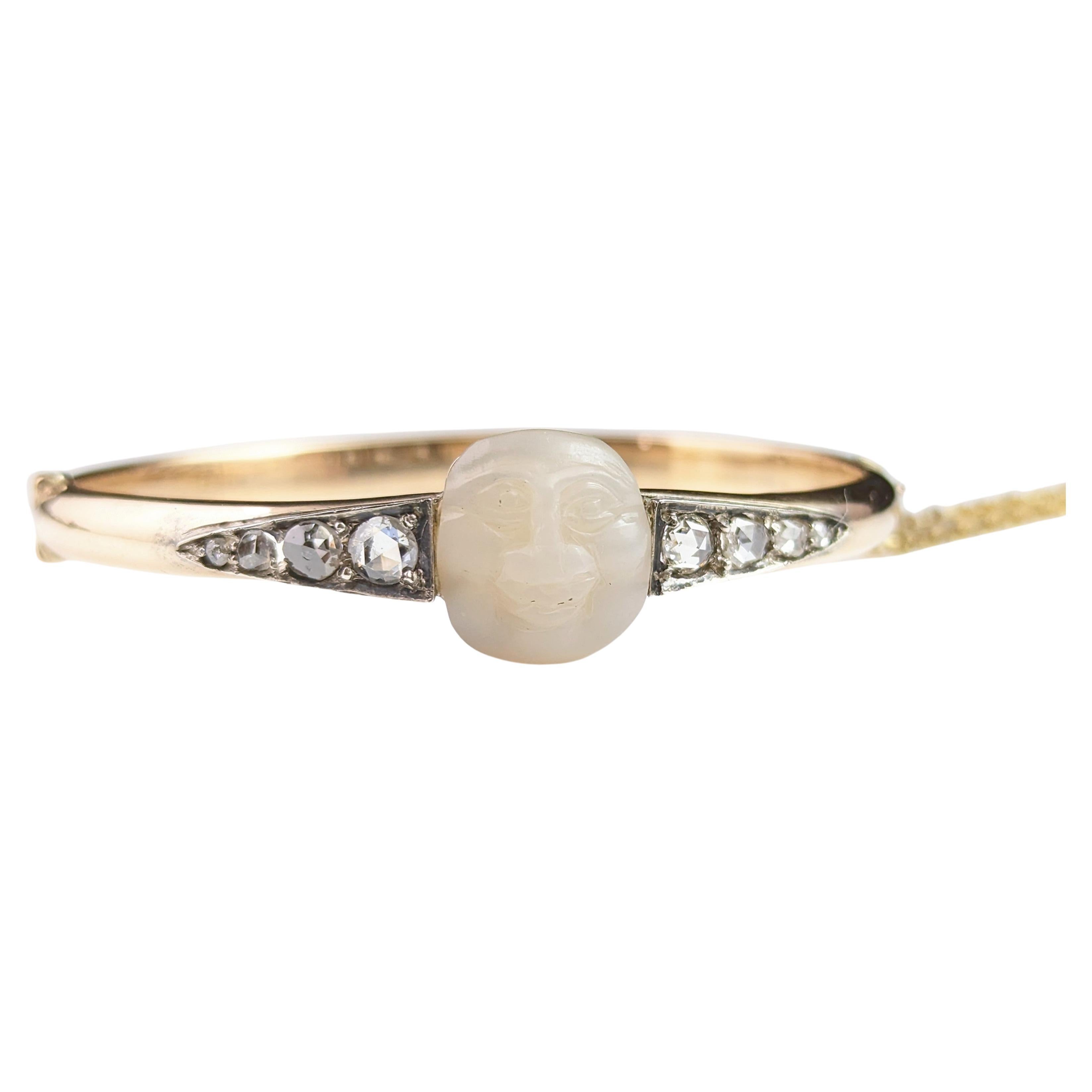 Victorian Diamond Man in the Moon Bangle, 18k Gold, Mother of Pearl For Sale
