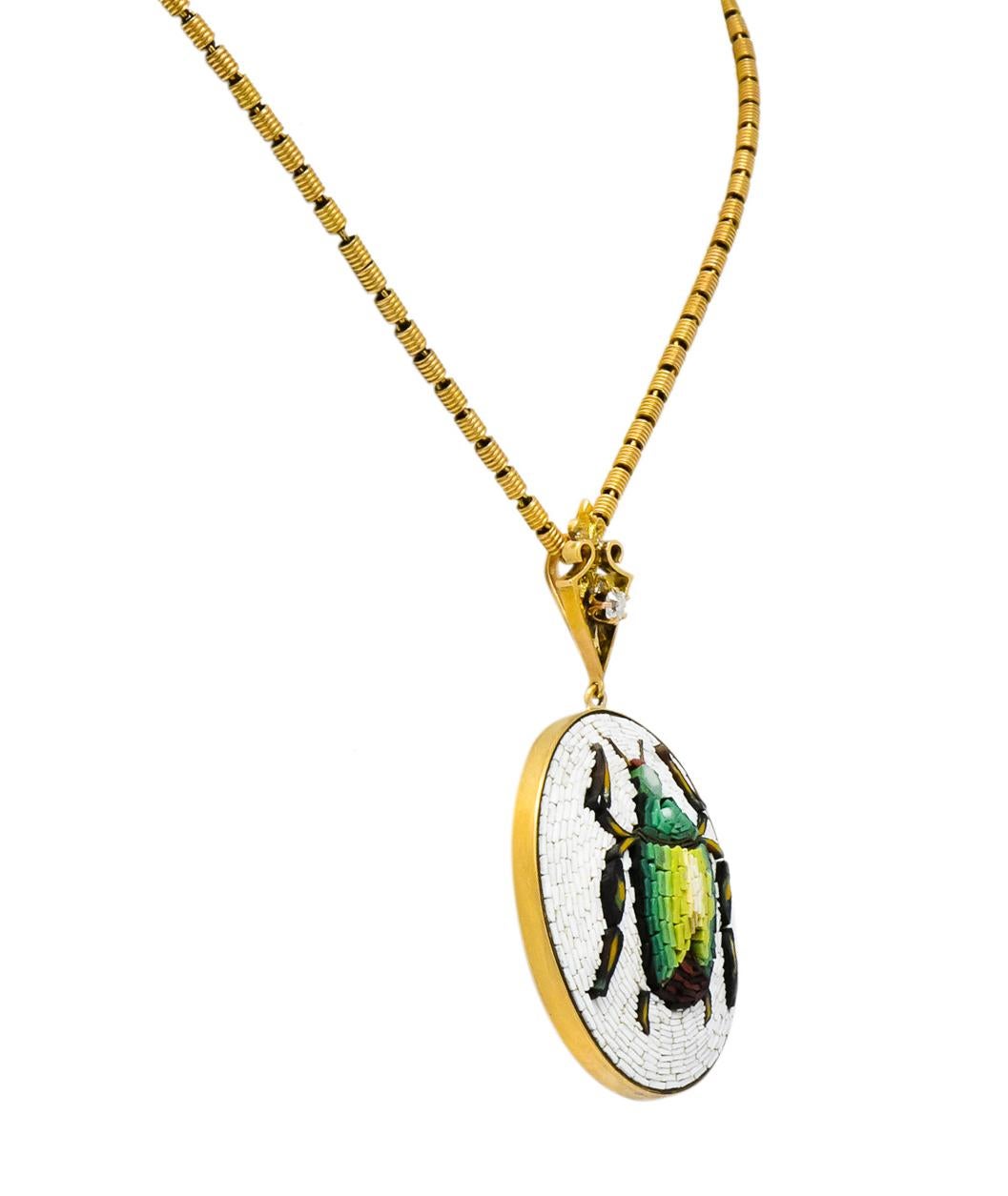Victorian Diamond Micromosiac 14 Karat Gold Beetle Pendant Necklace In Excellent Condition In Philadelphia, PA