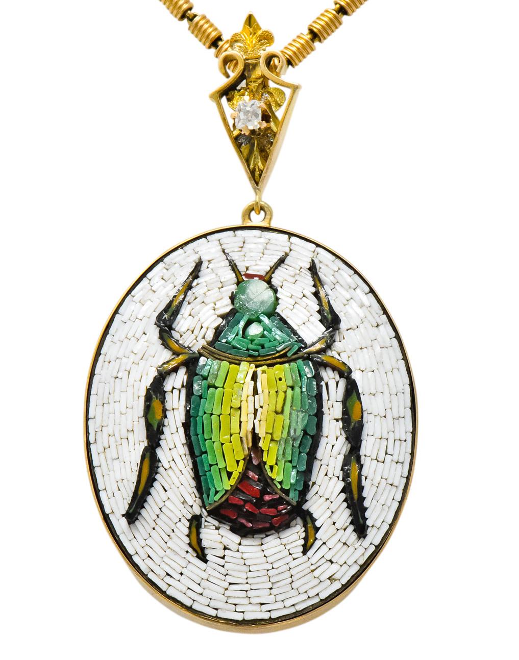 Women's or Men's Victorian Diamond Micromosiac 14 Karat Gold Beetle Pendant Necklace