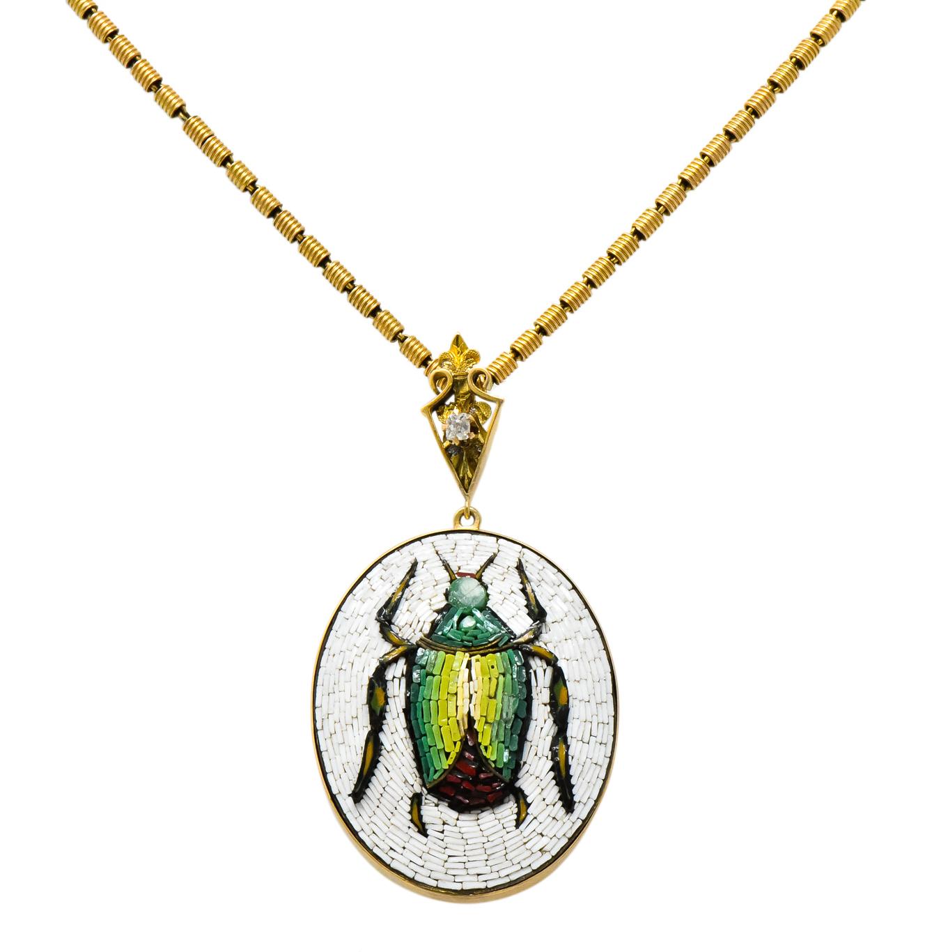 Victorian Diamond Micromosiac 14 Karat Gold Beetle Pendant Necklace 4