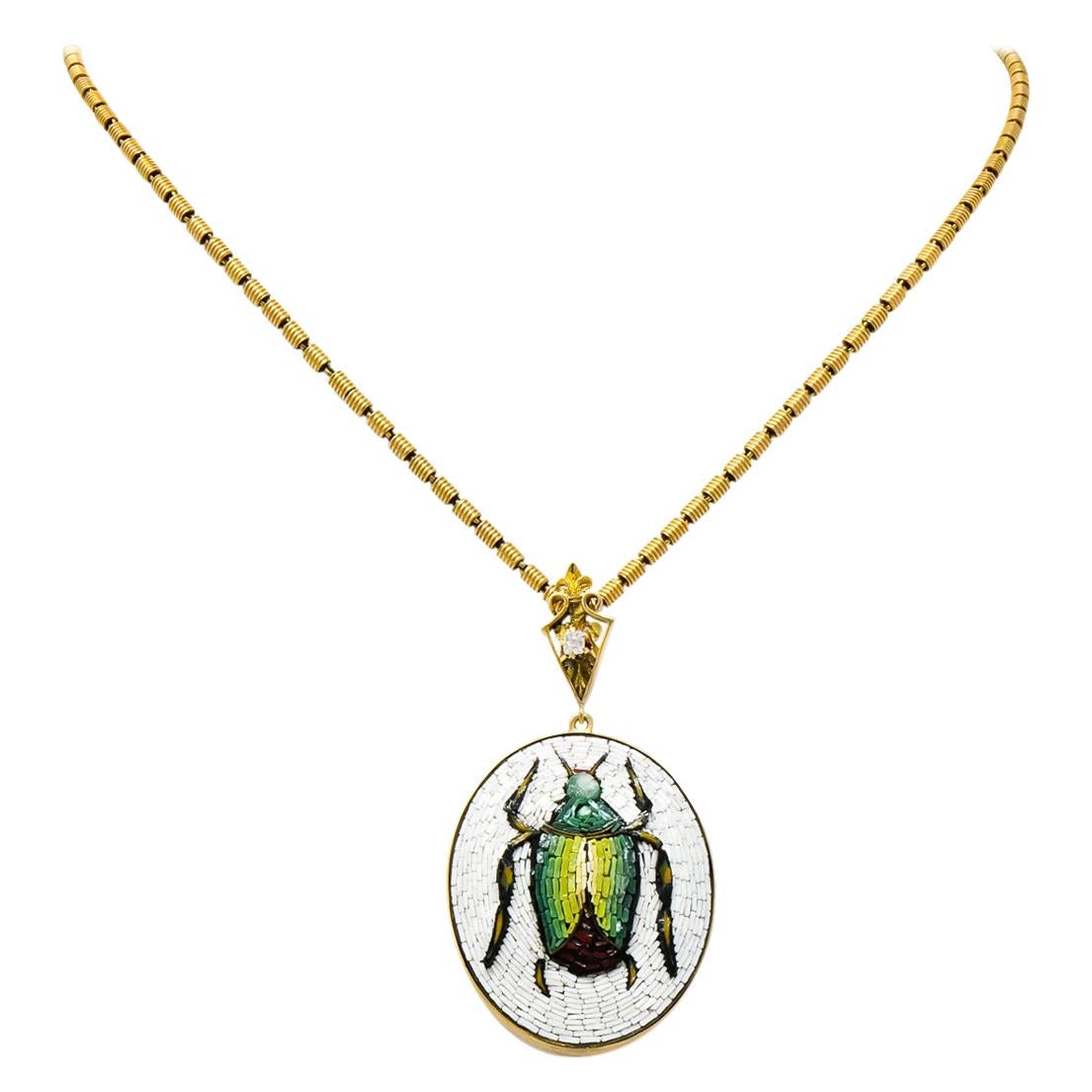Victorian Diamond Micromosiac 14 Karat Gold Beetle Pendant Necklace