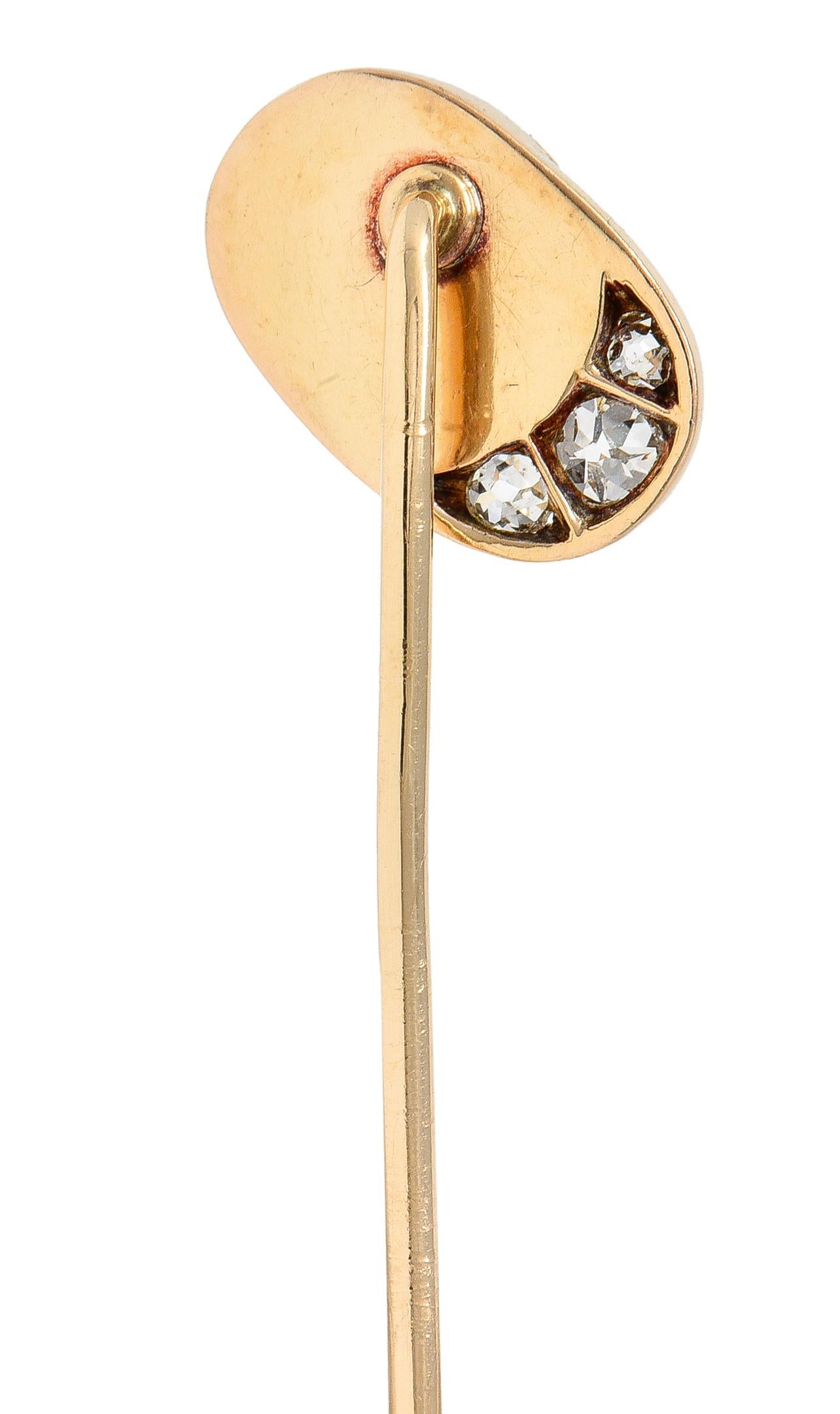 Women's or Men's Victorian Diamond Moonstone Cabochon 14 Karat Gold Jockey Hat Antique Stickpin For Sale
